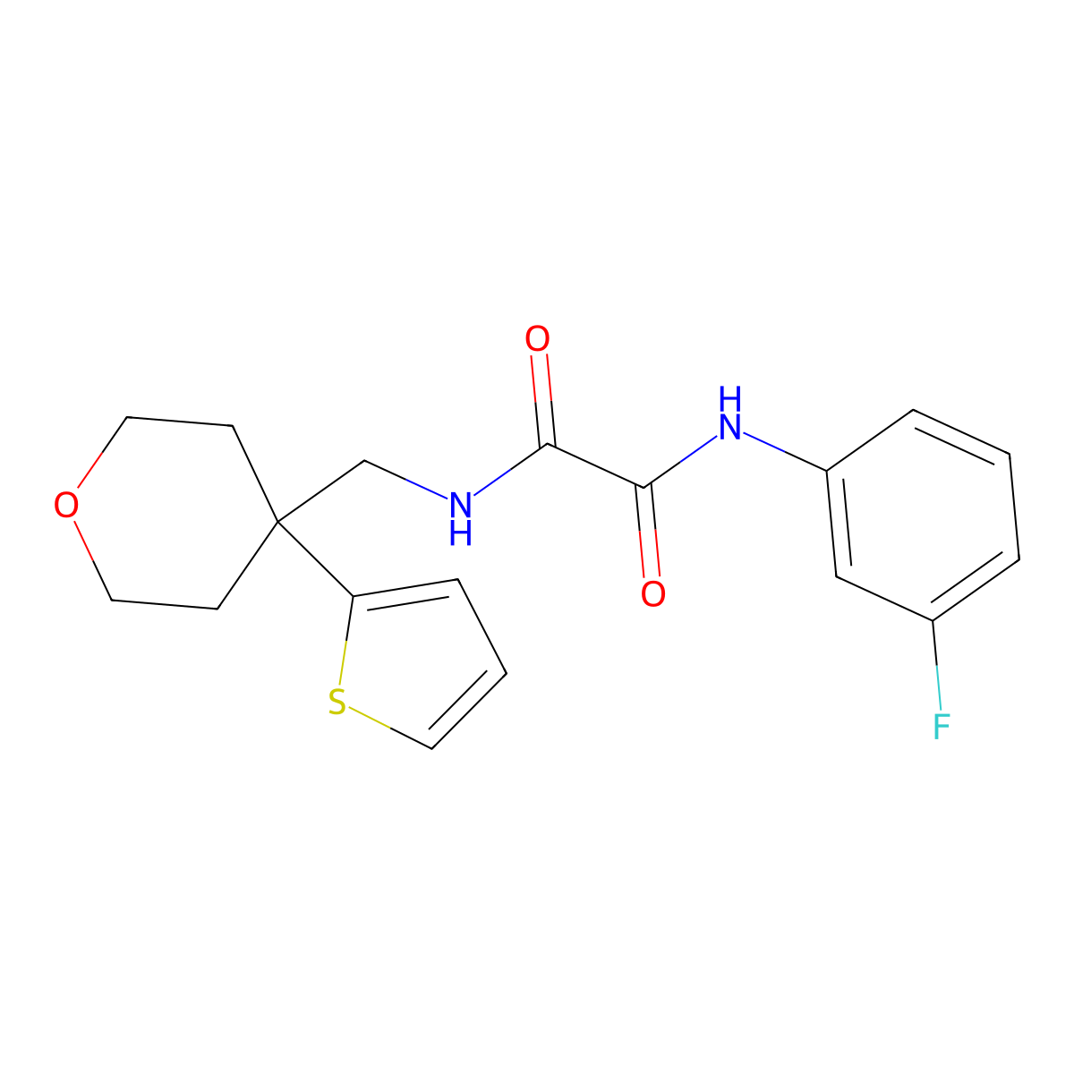N1-(3-fluorophenyl)-N2-((4-(thiophen-2-yl)tetrahydro-2H-pyran-4-yl)methyl)oxalamide molecular structure, CAS 1091417-56-9