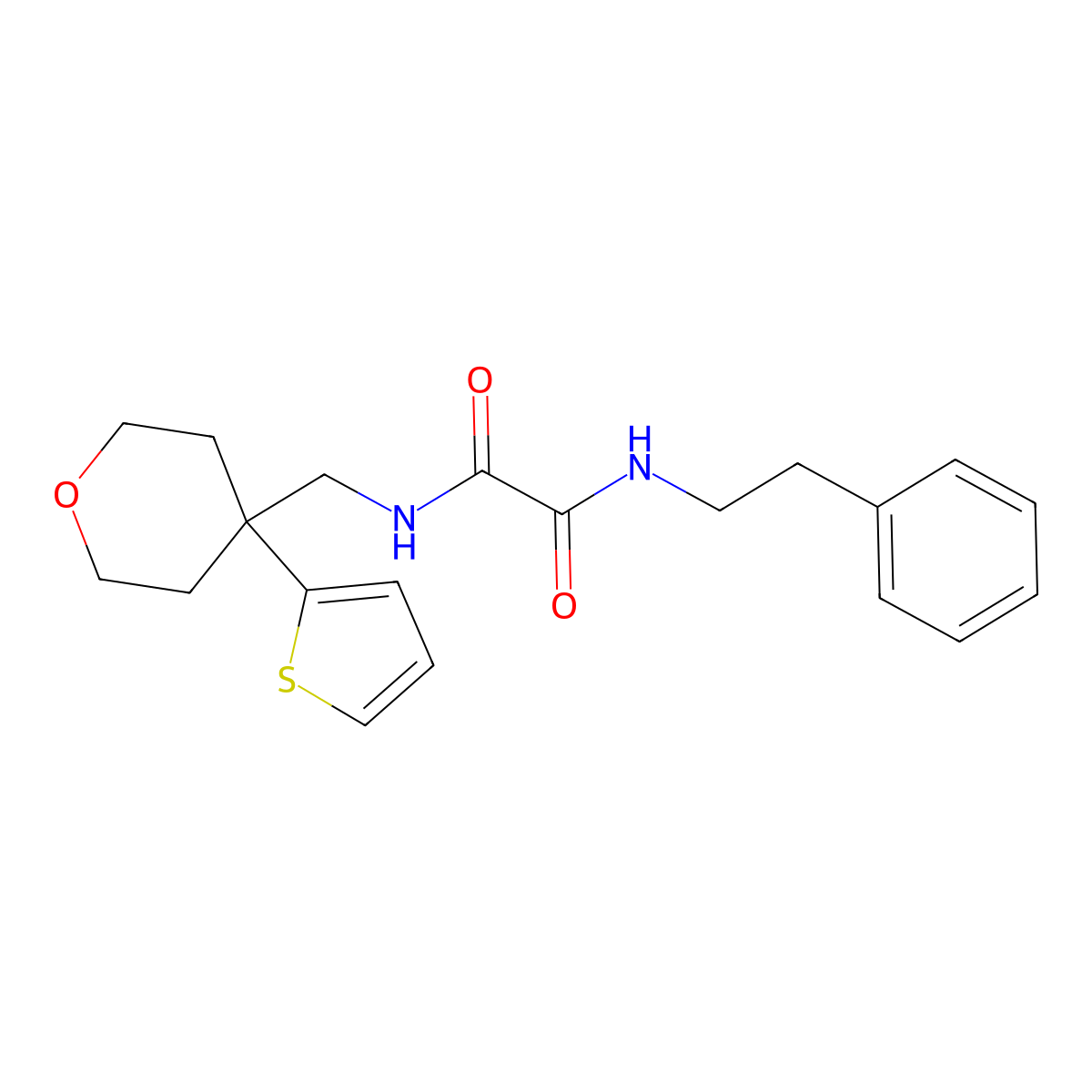 N1-phenethyl-N2-((4-(thiophen-2-yl)tetrahydro-2H-pyran-4-yl)methyl)oxalamide molecular structure, CAS 1091417-72-9