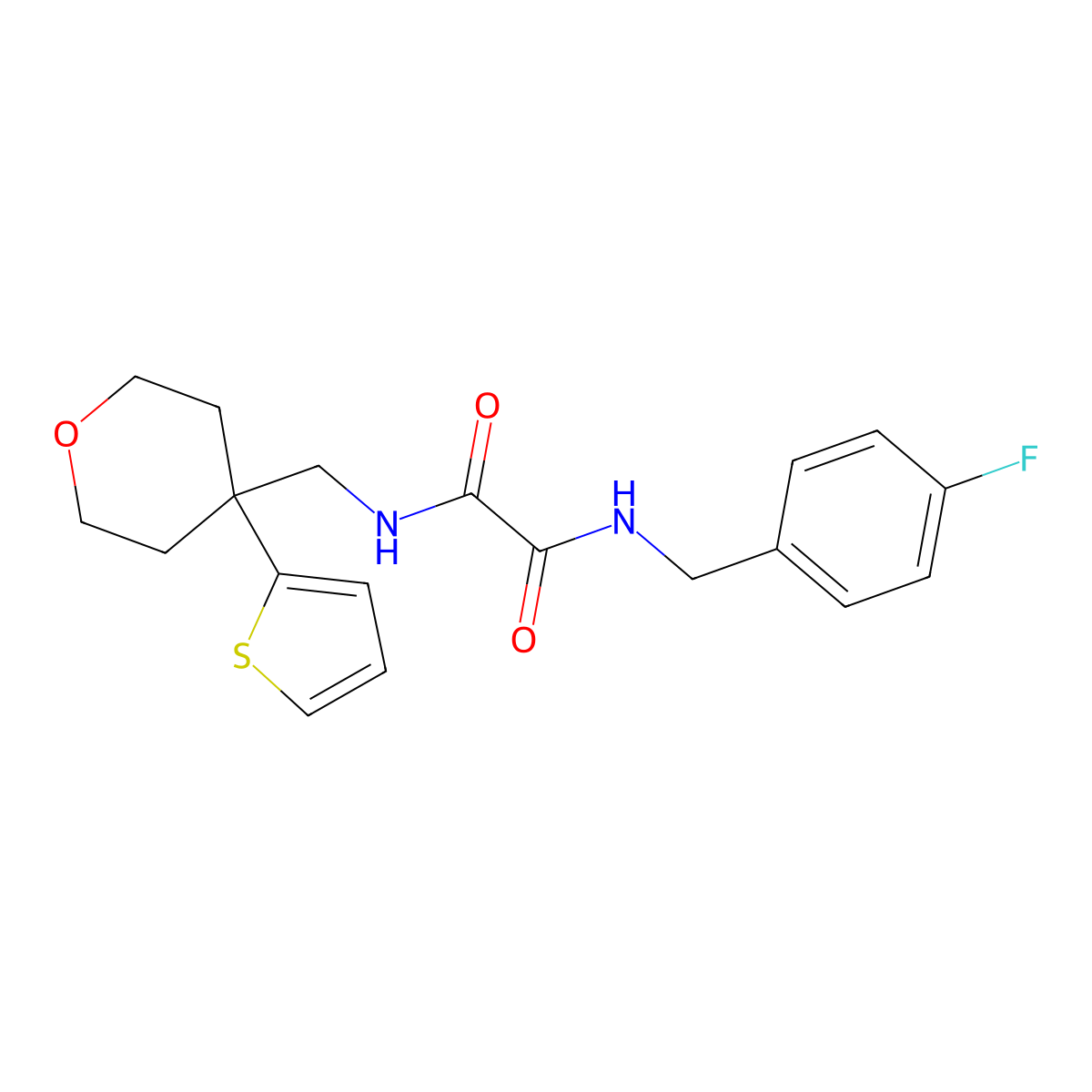 N1-(4-fluorobenzyl)-N2-((4-(thiophen-2-yl)tetrahydro-2H-pyran-4-yl)methyl)oxalamide molecular structure, CAS 1091417-88-7