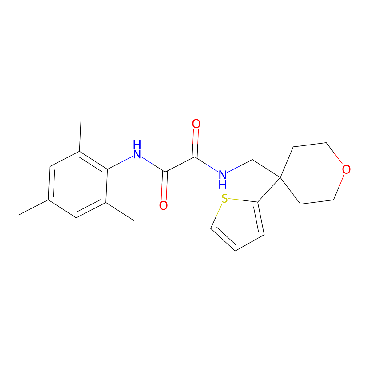 N1-mesityl-N2-((4-(thiophen-2-yl)tetrahydro-2H-pyran-4-yl)methyl)oxalamide molecular structure, CAS 1091418-04-0
