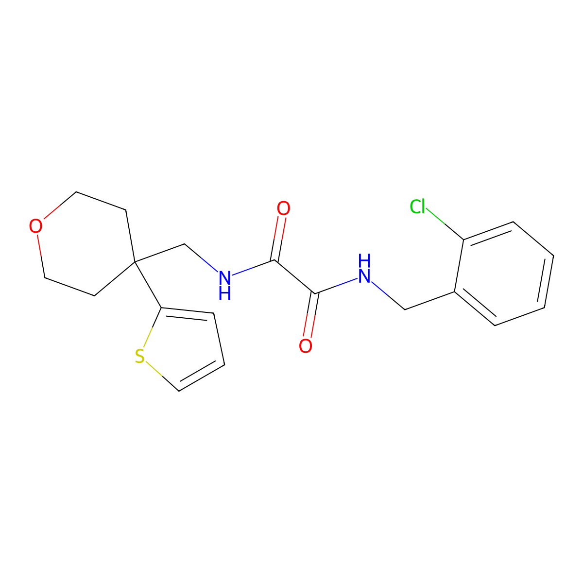 N1-(2-chlorobenzyl)-N2-((4-(thiophen-2-yl)tetrahydro-2H-pyran-4-yl)methyl)oxalamide molecular structure, CAS 1091418-38-0