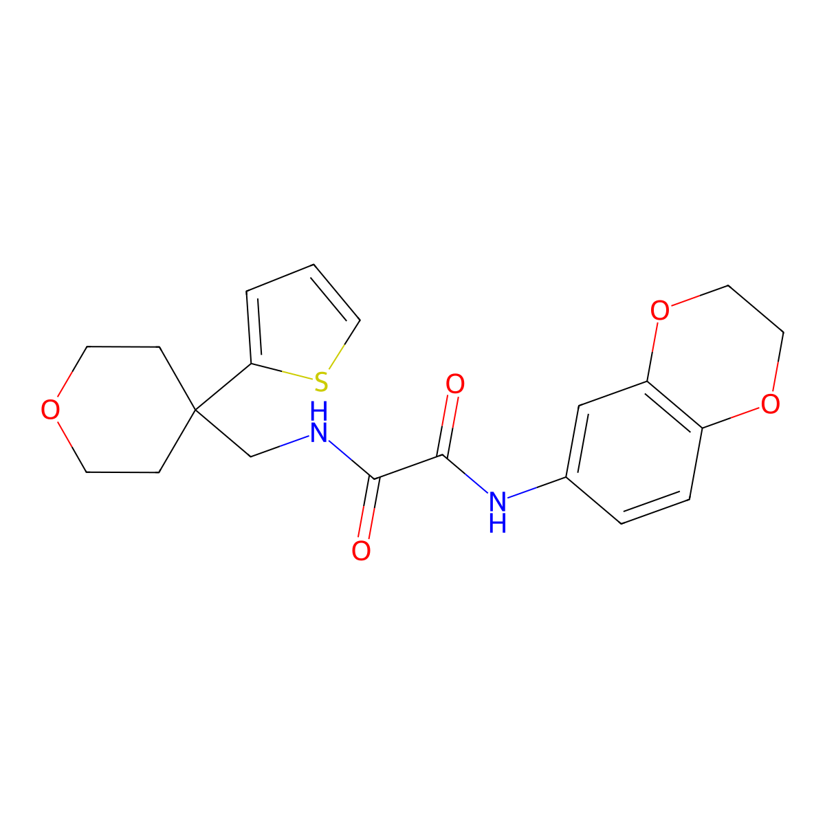 N1-(2,3-dihydrobenzo[b][1,4]dioxin-6-yl)-N2-((4-(thiophen-2-yl)tetrahydro-2H-pyran-4-yl)methyl)oxalamide molecular structure, CAS 1091418-53-9