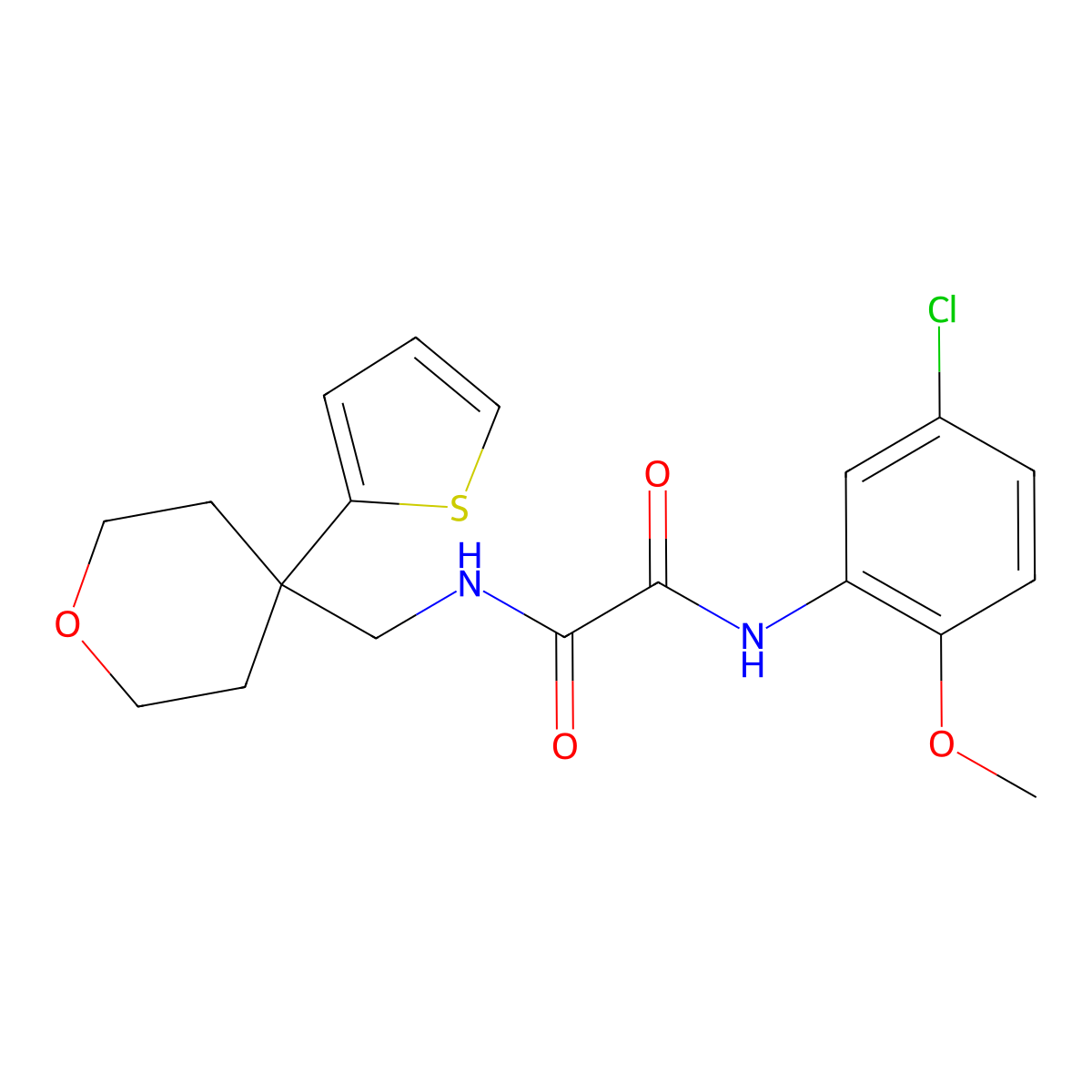 N1-(5-chloro-2-methoxyphenyl)-N2-((4-(thiophen-2-yl)tetrahydro-2H-pyran-4-yl)methyl)oxalamide molecular structure, CAS 1091418-78-8