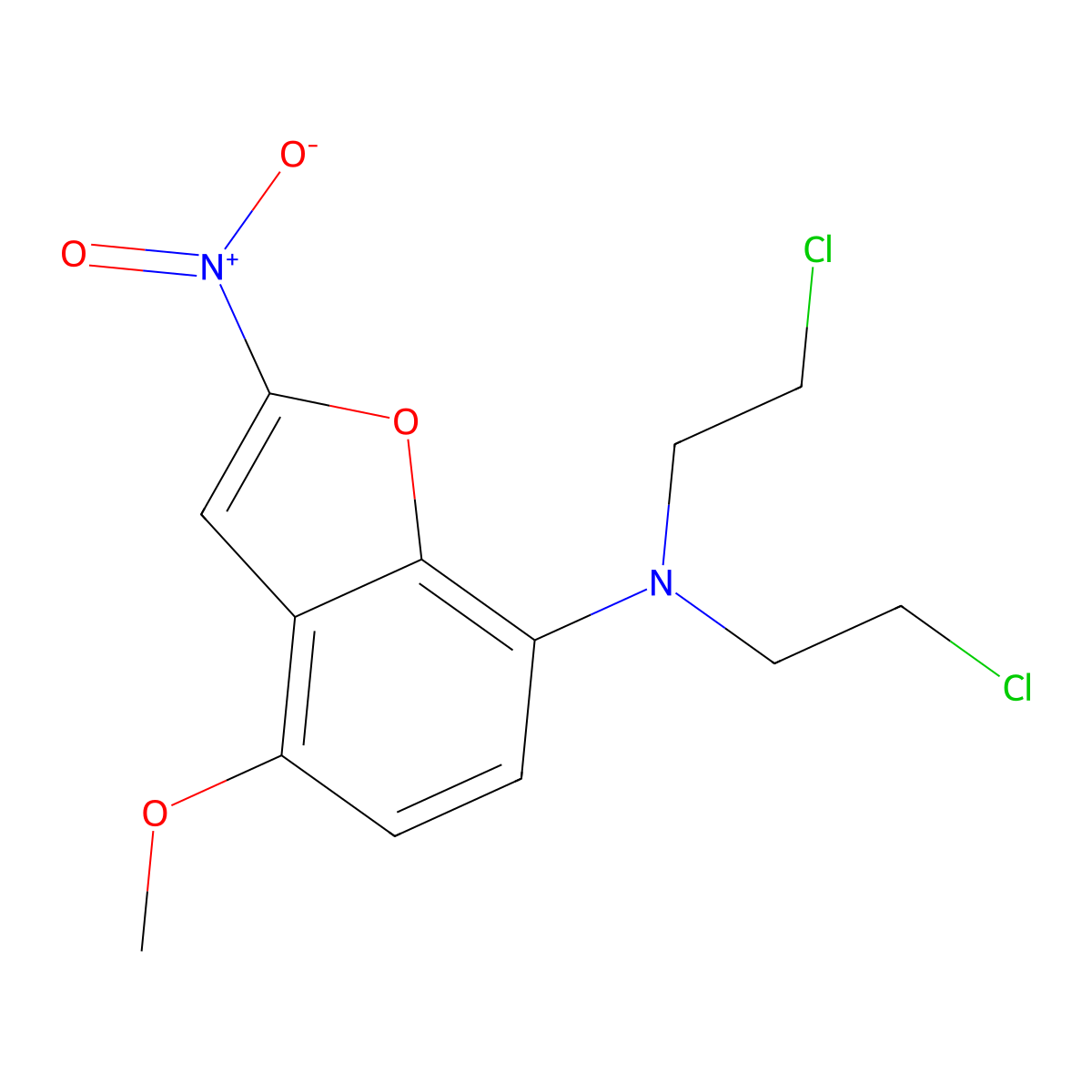 7-Benzofuranamine, N,N-bis(2-chloroethyl)-4-methoxy-2-nitro- molecular structure, CAS 109143-18-2