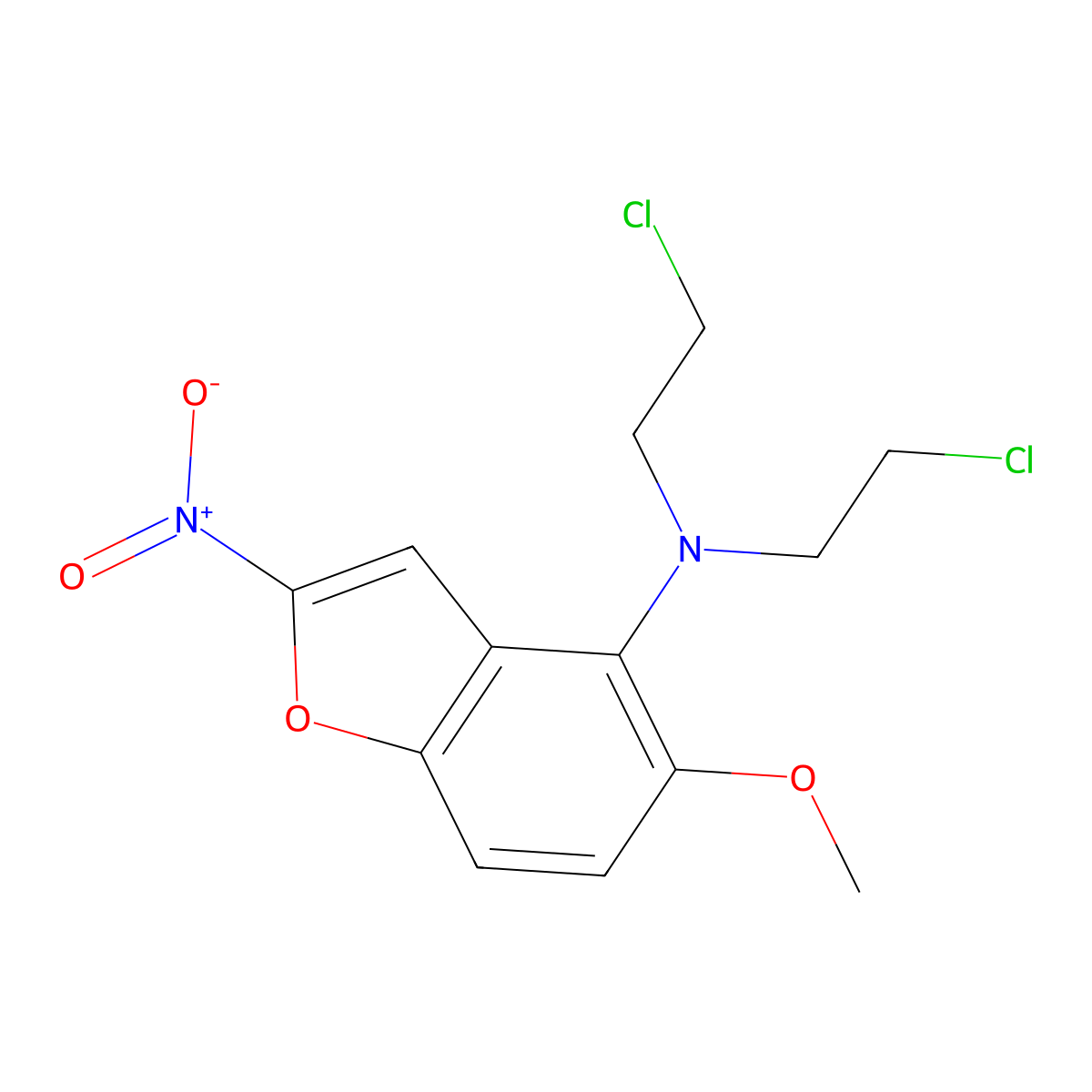 4-Benzofuranamine, N,N-bis(2-chloroethyl)-5-methoxy-2-nitro- molecular structure, CAS 109143-19-3