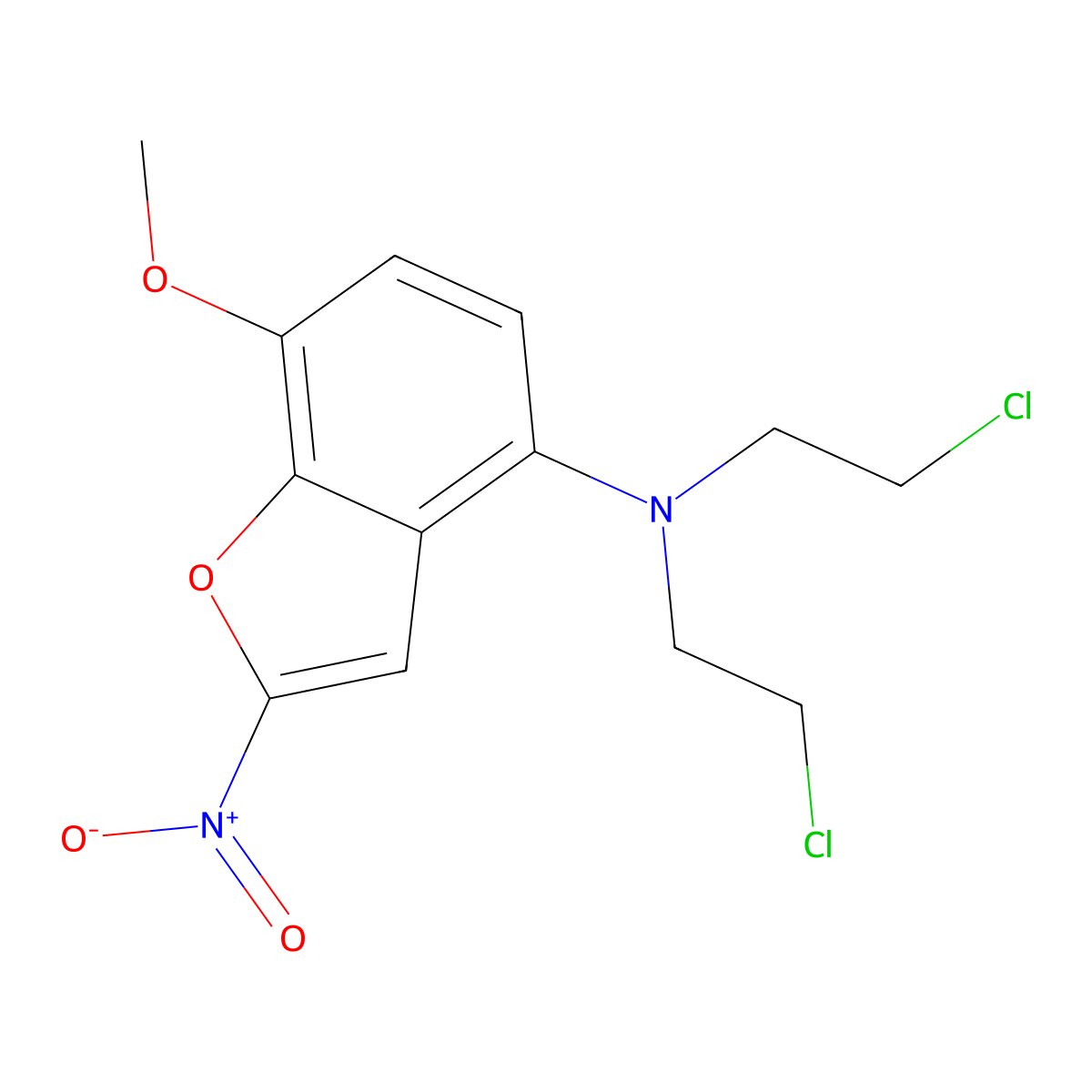 4-Benzofuranamine, N,N-bis(2-chloroethyl)-7-methoxy-2-nitro- molecular structure, CAS 109143-20-6
