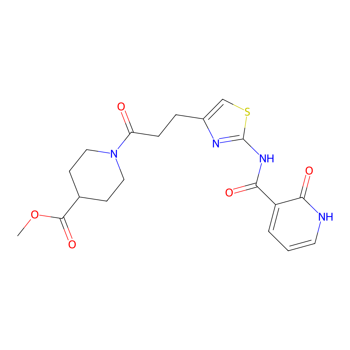 Methyl 1-(3-(2-(2-oxo-1,2-dihydropyridine-3-carboxamido)thiazol-4-yl)propanoyl)piperidine-4-carboxylate molecular structure, CAS 1091436-18-8