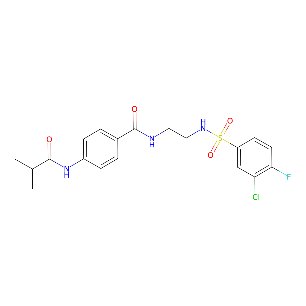 N-(2-(3-chloro-4-fluorophenylsulfonamido)ethyl)-4-isobutyramidobenzamide molecular structure, CAS 1091443-33-2