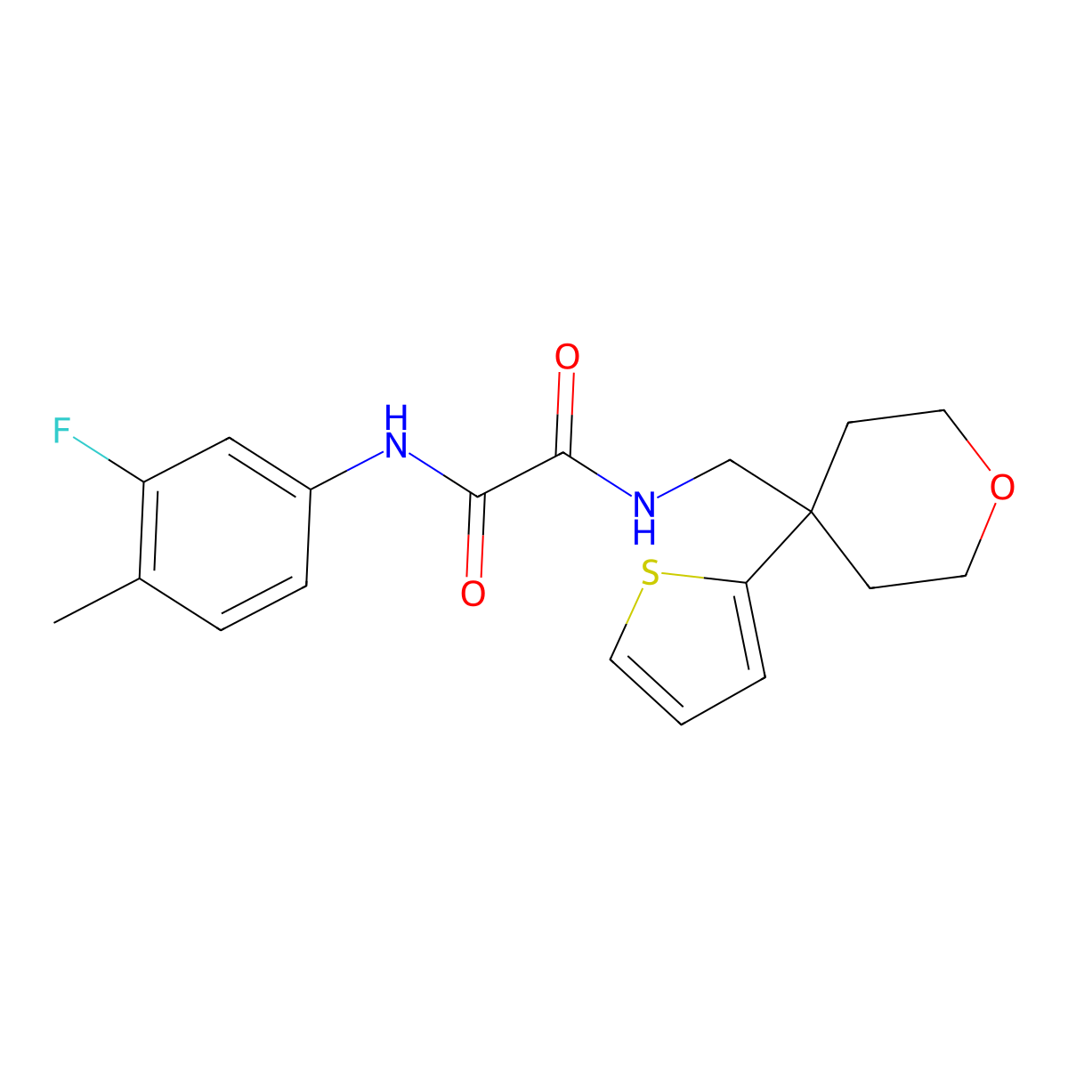 N1-(3-fluoro-4-methylphenyl)-N2-((4-(thiophen-2-yl)tetrahydro-2H-pyran-4-yl)methyl)oxalamide molecular structure, CAS 1091444-86-8