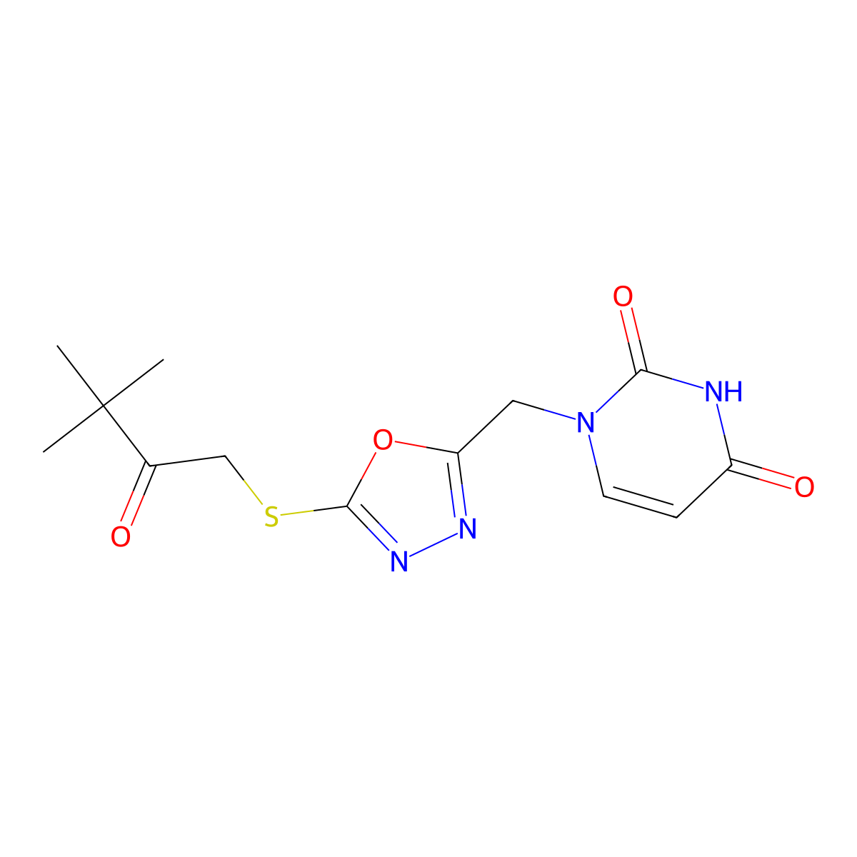 1-((5-((3,3-dimethyl-2-oxobutyl)thio)-1,3,4-oxadiazol-2-yl)methyl)pyrimidine-2,4(1H,3H)-dione molecular structure, CAS 1091460-72-8