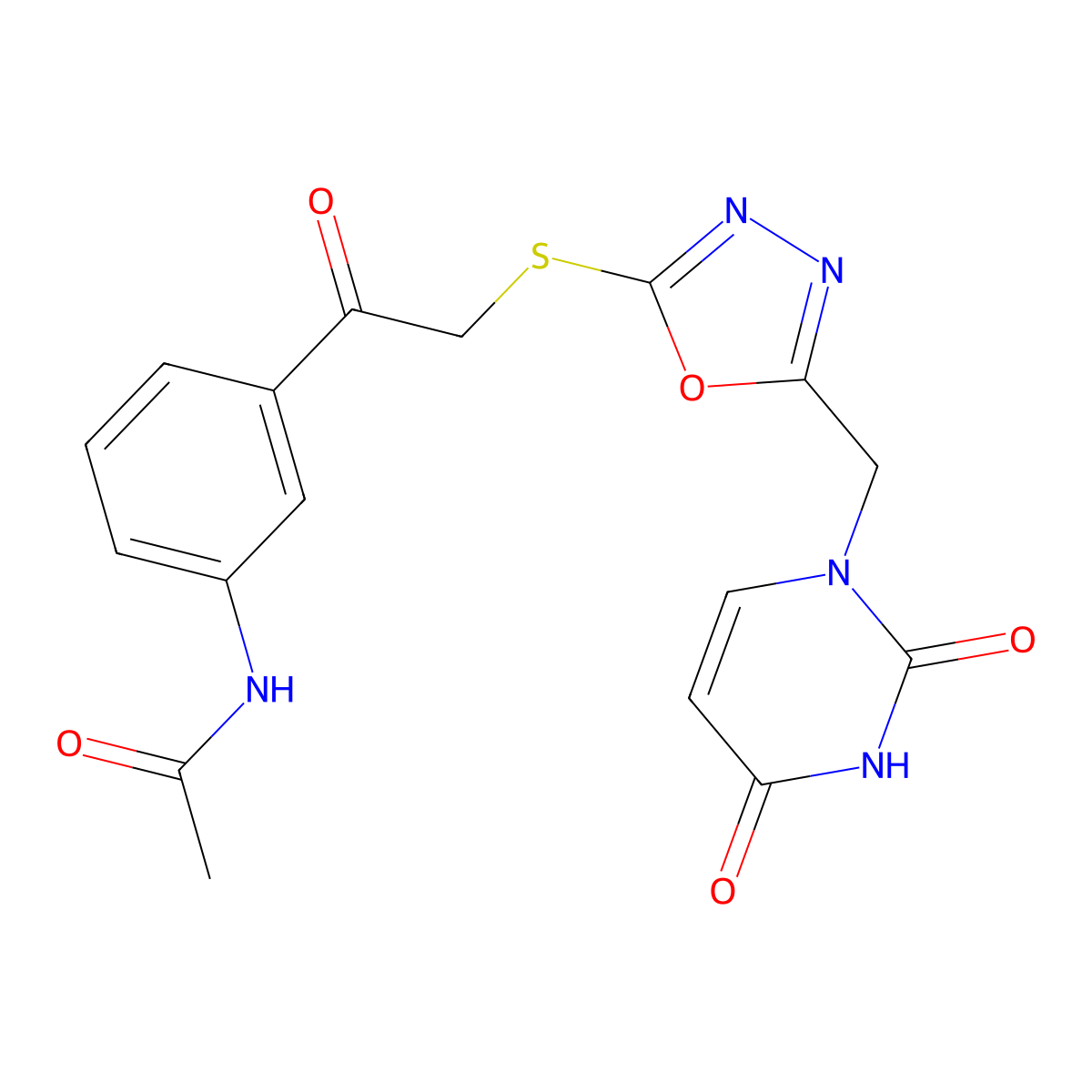 N-(3-(2-((5-((2,4-dioxo-3,4-dihydropyrimidin-1(2H)-yl)methyl)-1,3,4-oxadiazol-2-yl)thio)acetyl)phenyl)acetamide molecular structure, CAS 1091461-05-0