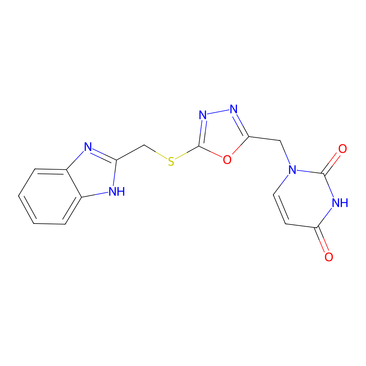 1-((5-(((1H-benzo[d]imidazol-2-yl)methyl)thio)-1,3,4-oxadiazol-2-yl)methyl)pyrimidine-2,4(1H,3H)-dione molecular structure, CAS 1091461-17-4