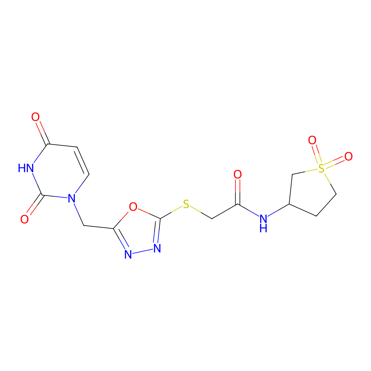 N-(1,1-dioxidotetrahydrothiophen-3-yl)-2-((5-((2,4-dioxo-3,4-dihydropyrimidin-1(2H)-yl)methyl)-1,3,4-oxadiazol-2-yl)thio)acetamide molecular structure, CAS 1091461-34-5