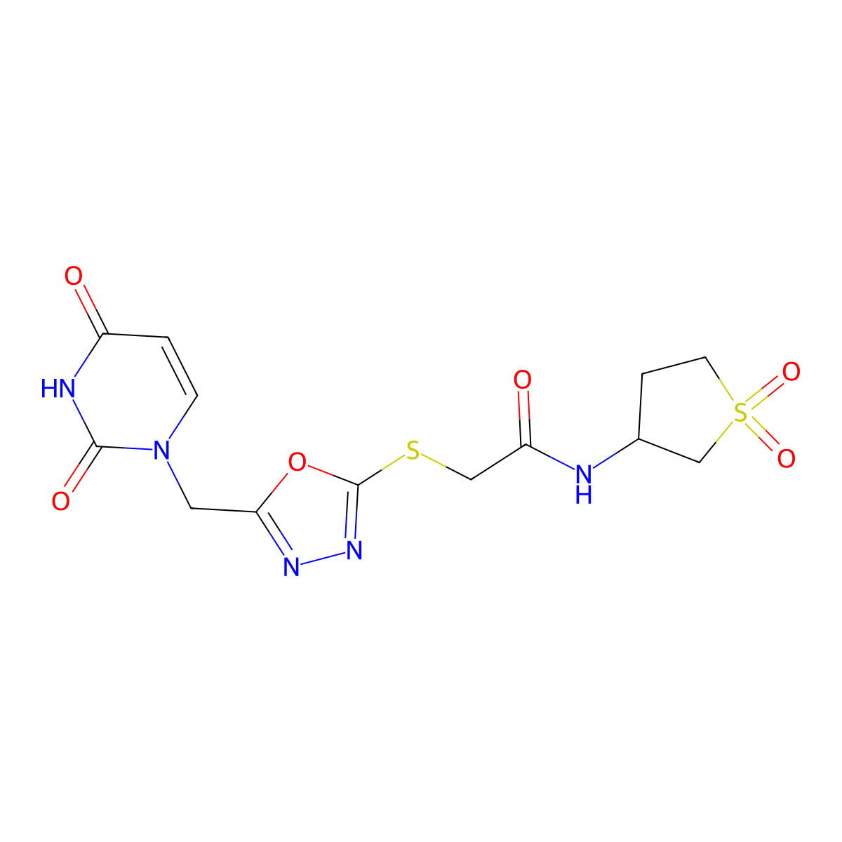 N-(1,1-dioxidotetrahydrothiophen-3-yl)-2-((5-((2,4-dioxo-3,4-dihydropyrimidin-1(2H)-yl)methyl)-1,3,4-oxadiazol-2-yl)thio)acetamide molecular structure, CAS 1091461-34-5