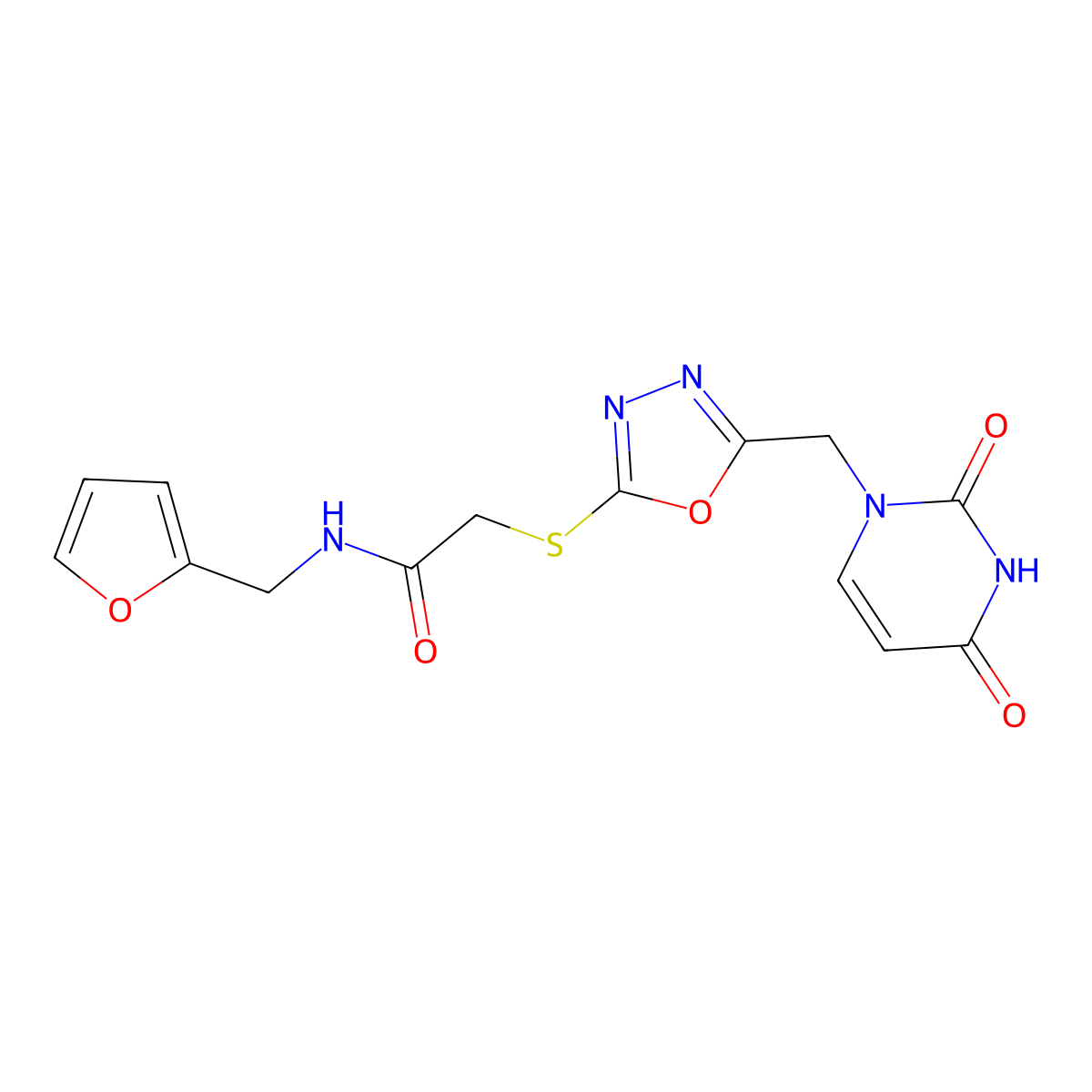 2-((5-((2,4-dioxo-3,4-dihydropyrimidin-1(2H)-yl)methyl)-1,3,4-oxadiazol-2-yl)thio)-N-(furan-2-ylmethyl)acetamide molecular structure, CAS 1091461-44-7