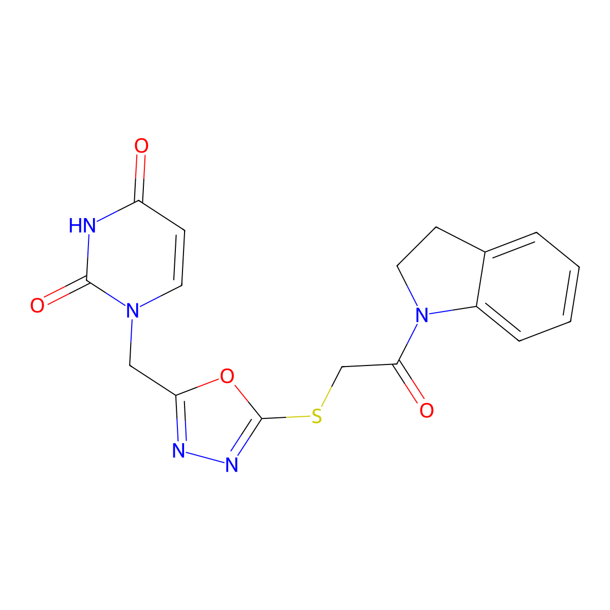 1-((5-((2-(indolin-1-yl)-2-oxoethyl)thio)-1,3,4-oxadiazol-2-yl)methyl)pyrimidine-2,4(1H,3H)-dione molecular structure, CAS 1091461-69-6