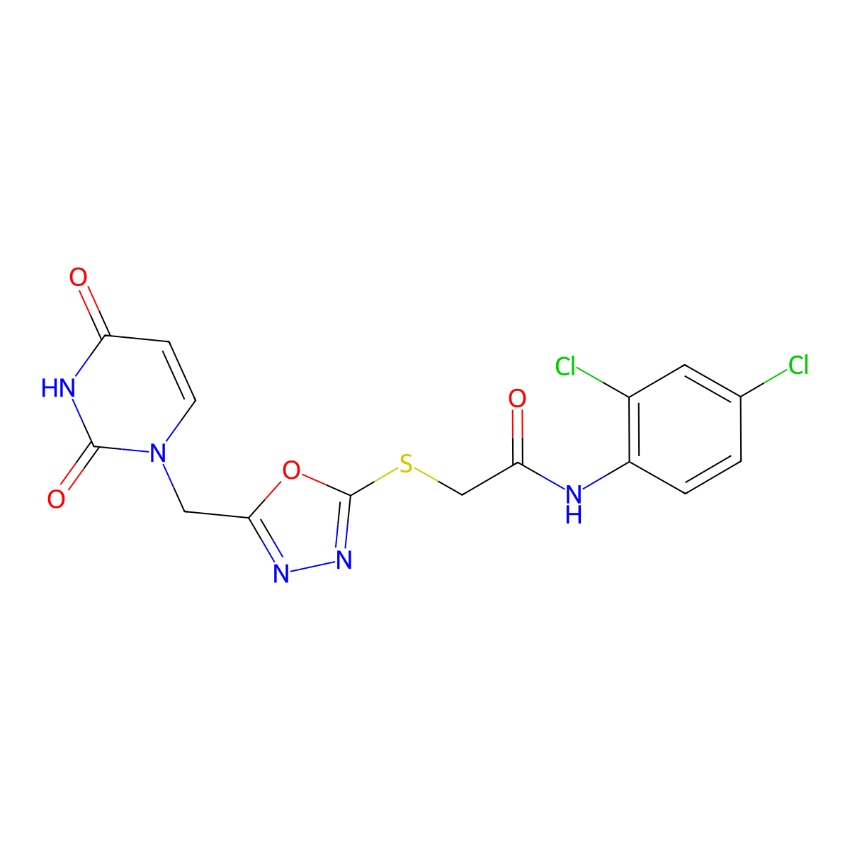 N-(2,4-dichlorophenyl)-2-((5-((2,4-dioxo-3,4-dihydropyrimidin-1(2H)-yl)methyl)-1,3,4-oxadiazol-2-yl)thio)acetamide molecular structure, CAS 1091462-14-4