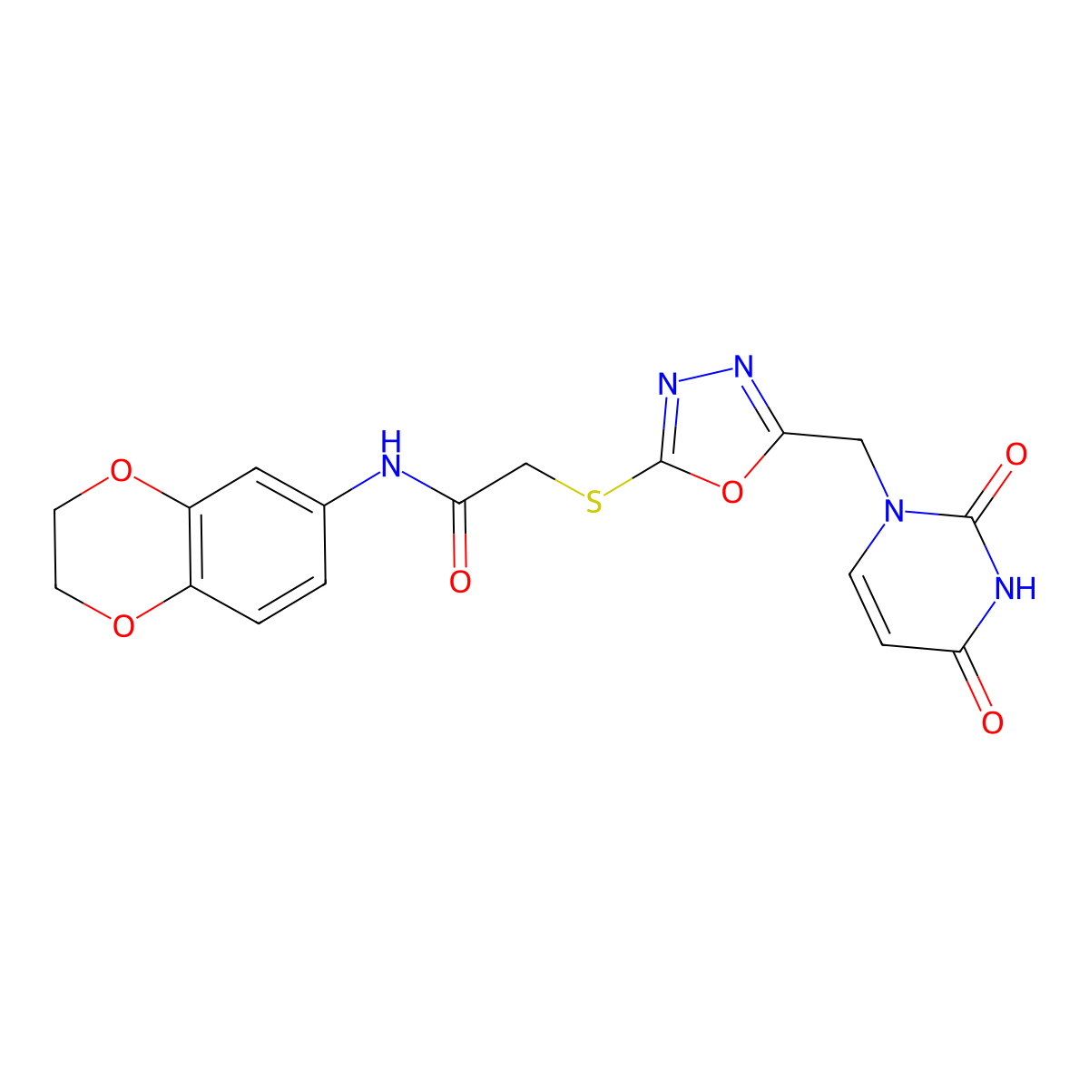 N-(2,3-dihydrobenzo[b][1,4]dioxin-6-yl)-2-((5-((2,4-dioxo-3,4-dihydropyrimidin-1(2H)-yl)methyl)-1,3,4-oxadiazol-2-yl)thio)acetamide molecular structure, CAS 1091462-30-4