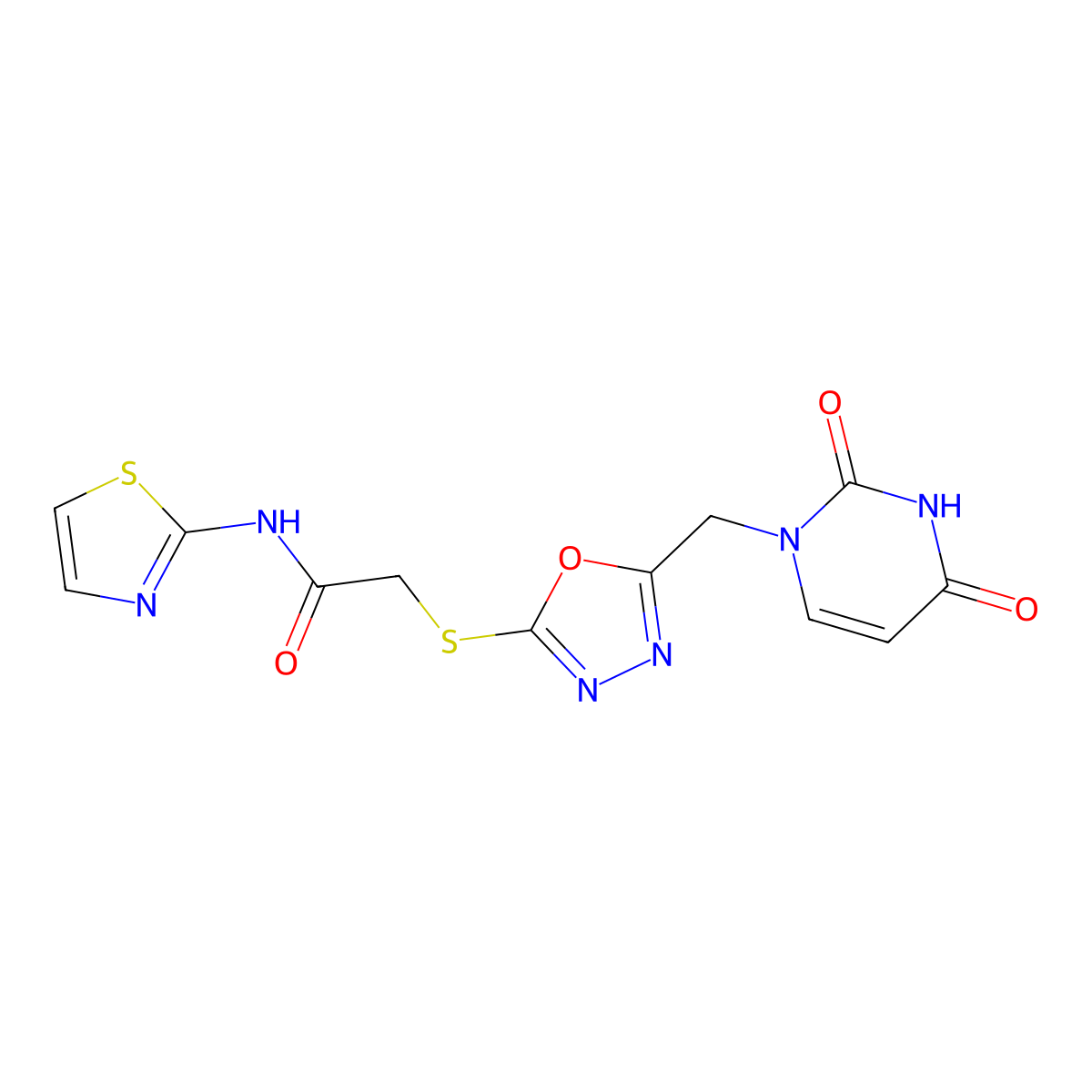 2-((5-((2,4-dioxo-3,4-dihydropyrimidin-1(2H)-yl)methyl)-1,3,4-oxadiazol-2-yl)thio)-N-(thiazol-2-yl)acetamide molecular structure, CAS 1091462-82-6
