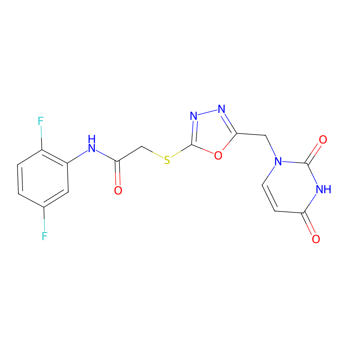 N-(2,5-difluorophenyl)-2-((5-((2,4-dioxo-3,4-dihydropyrimidin-1(2H)-yl)methyl)-1,3,4-oxadiazol-2-yl)thio)acetamide molecular structure, CAS 1091463-02-3