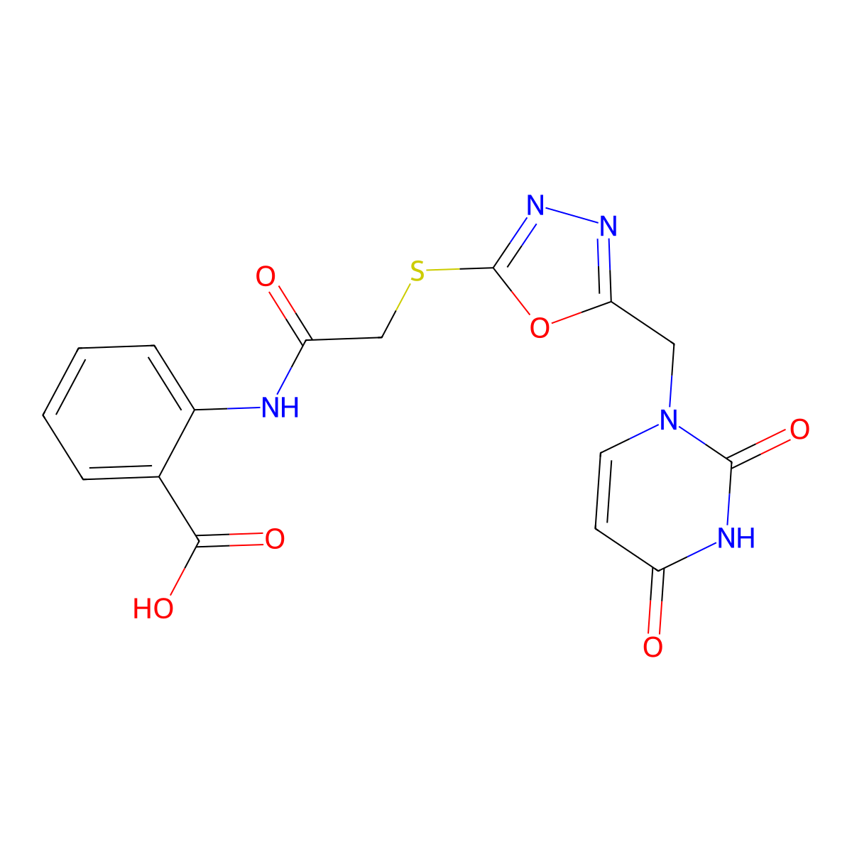 2-(2-((5-((2,4-dioxo-3,4-dihydropyrimidin-1(2H)-yl)methyl)-1,3,4-oxadiazol-2-yl)thio)acetamido)benzoic acid molecular structure, CAS 1091463-10-3