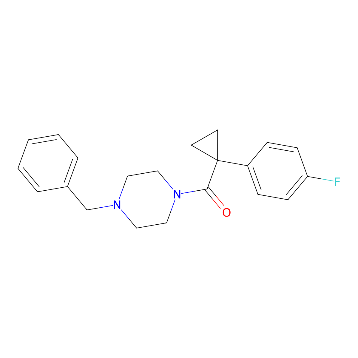 (4-Benzylpiperazin-1-yl)(1-(4-fluorophenyl)cyclopropyl)methanone molecular structure, CAS 1091463-54-5