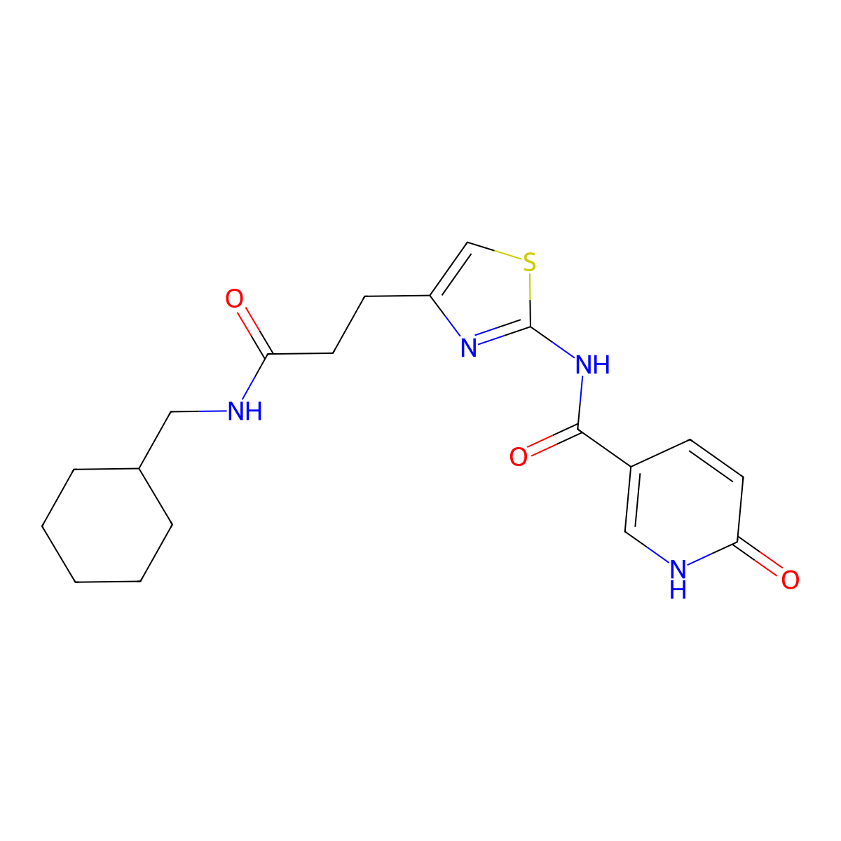 N-(4-(3-((cyclohexylmethyl)amino)-3-oxopropyl)thiazol-2-yl)-6-oxo-1,6-dihydropyridine-3-carboxamide molecular structure, CAS 1091467-22-9