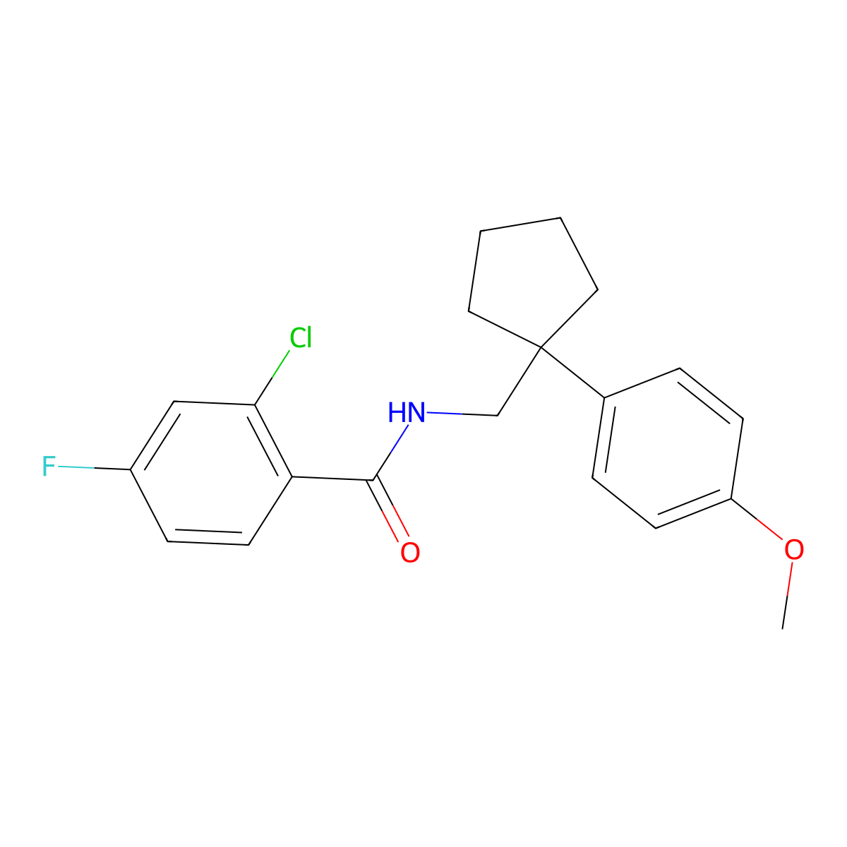 2-chloro-4-fluoro-N-((1-(4-methoxyphenyl)cyclopentyl)methyl)benzamide molecular structure, CAS 1091474-43-9