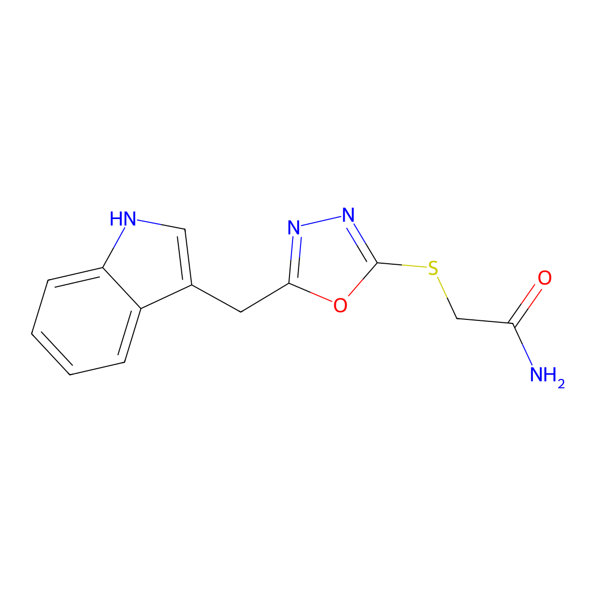 2-((5-((1H-indol-3-yl)methyl)-1,3,4-oxadiazol-2-yl)thio)acetamide molecular structure, CAS 1091475-65-8