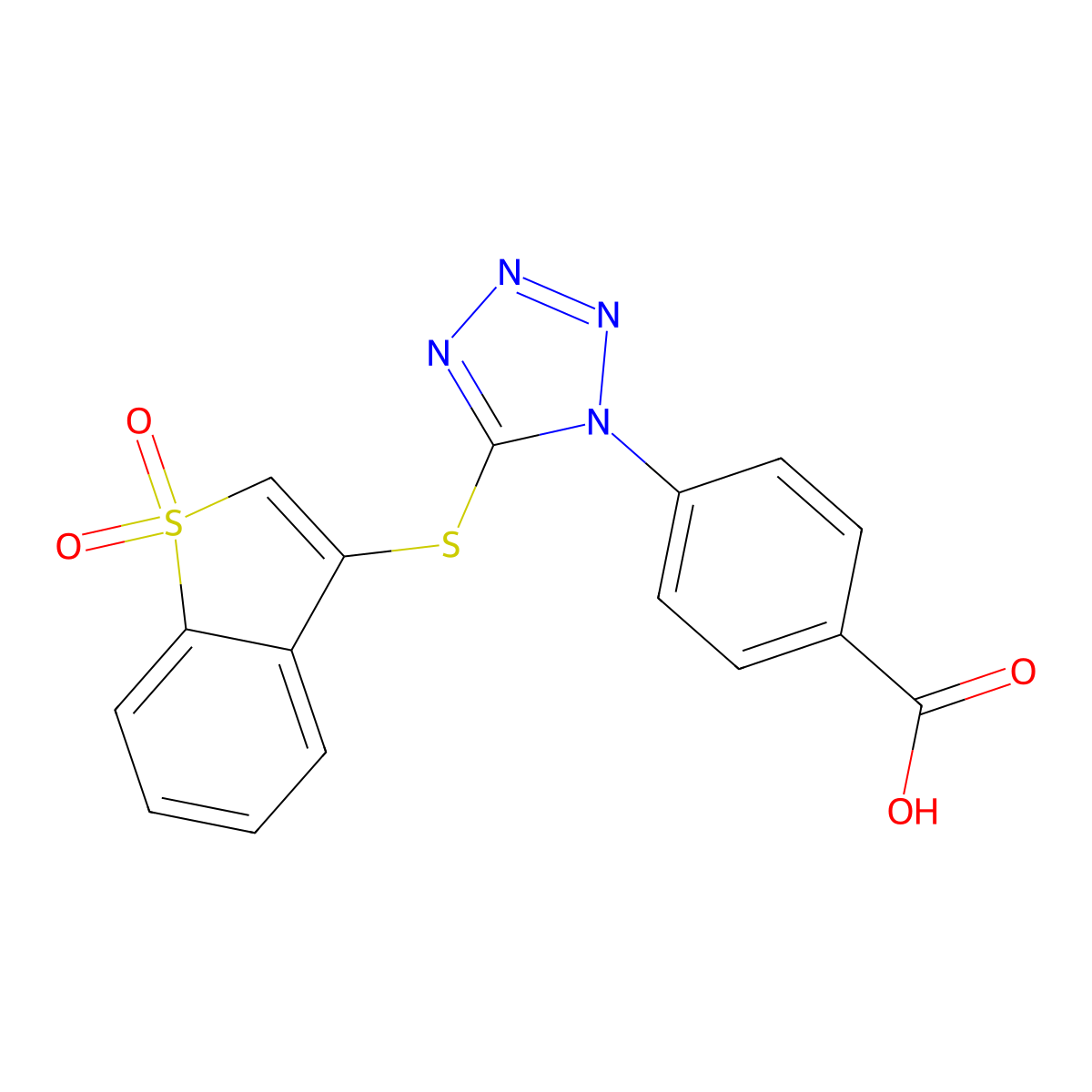 4-(5-((1,1-Dioxidobenzo[b]thiophen-3-yl)thio)-1H-tetrazol-1-yl)benzoic acid molecular structure, CAS 1091555-35-9