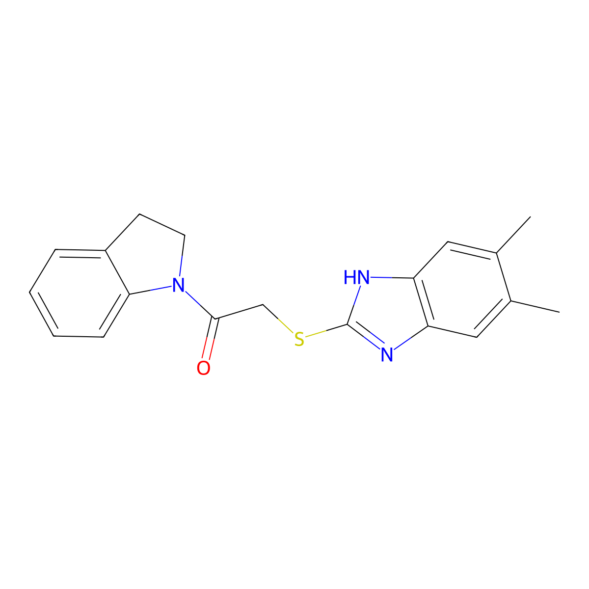 2-(2,3-dihydro-1H-indol-1-yl)-2-oxoethyl 5,6-dimethyl-1H-benzimidazol-2-yl sulfide molecular structure, CAS 1091560-59-6
