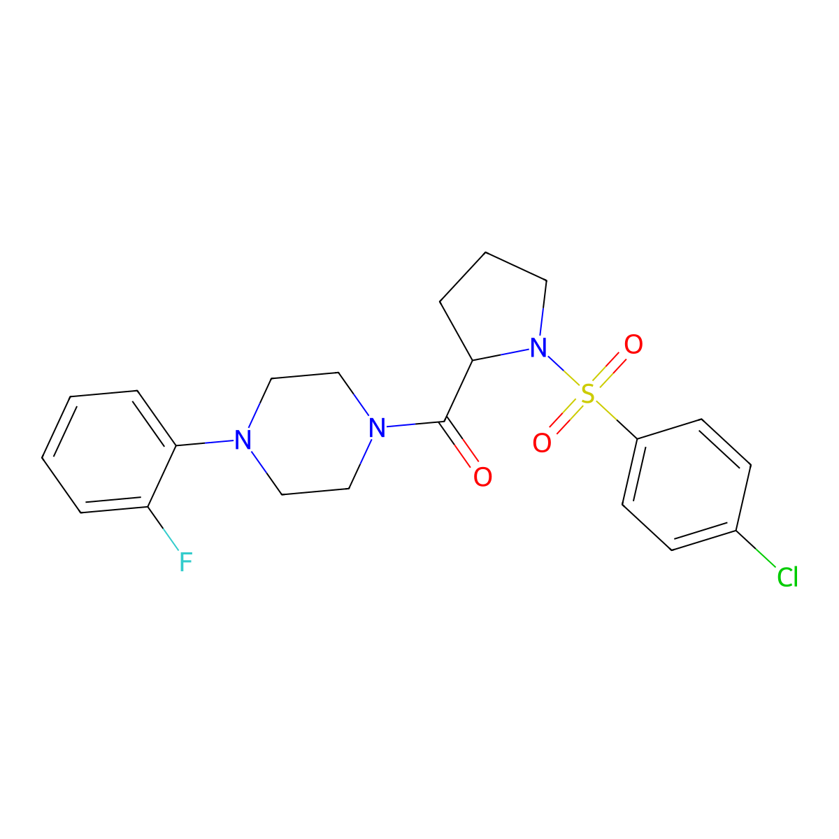 {1-[(4-Chlorophenyl)sulfonyl]pyrrolidin-2-yl}[4-(2-fluorophenyl)piperazin-1-yl]methanone molecular structure, CAS 1091620-08-4