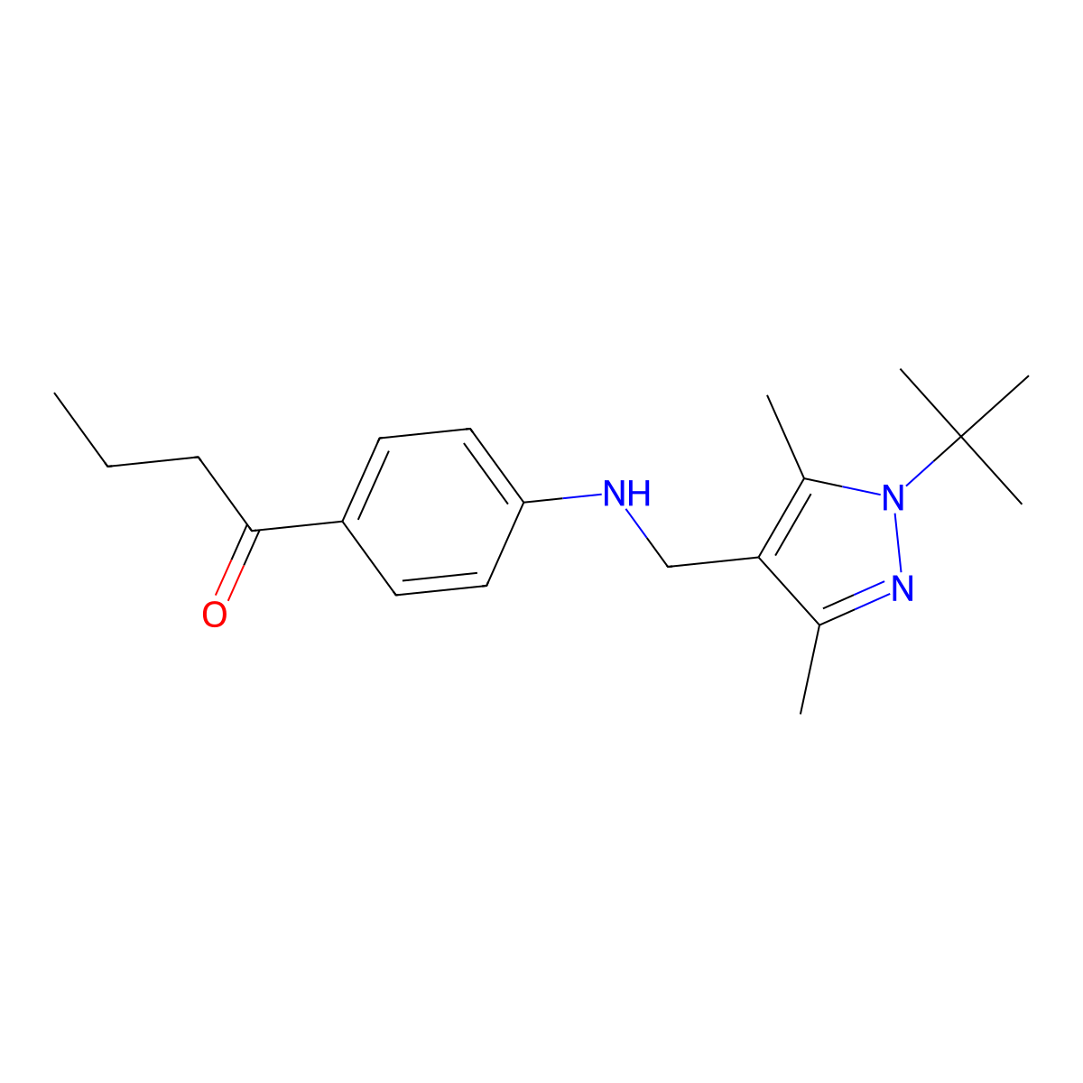 1-(4-(((1-(tert-Butyl)-3,5-dimethyl-1H-pyrazol-4-yl)methyl)amino)phenyl)butan-1-one molecular structure, CAS 1091670-54-0