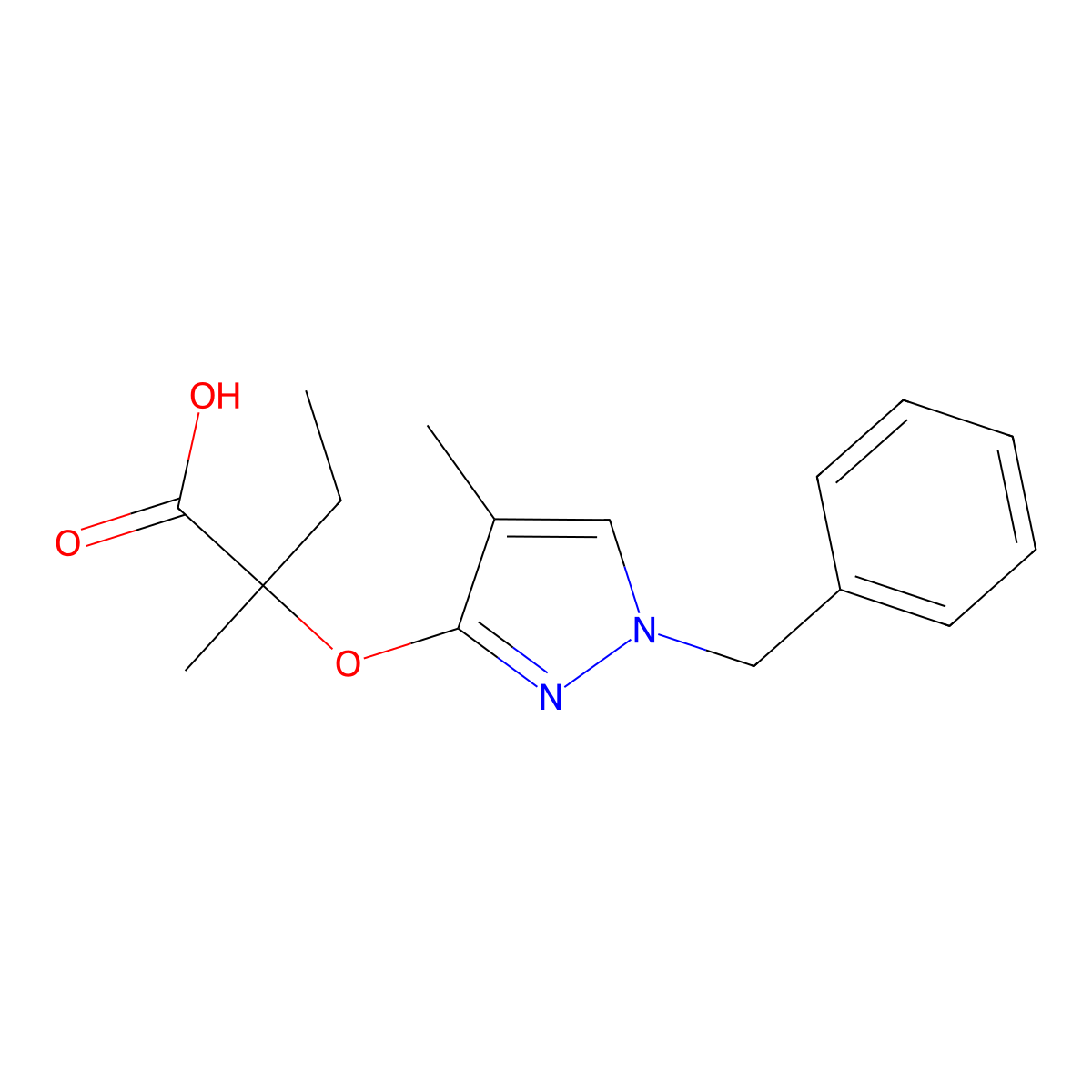 2-[(1-benzyl-4-methyl-1H-pyrazol-3-yl)oxy]-2-methylbutanoic acid molecular structure, CAS 109232-39-5