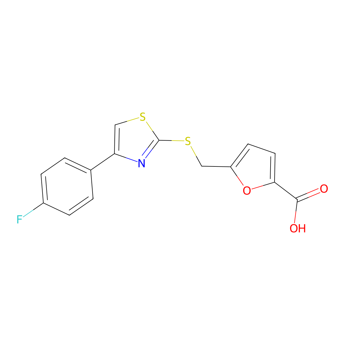 5-(((4-(4-Fluorophenyl)thiazol-2-yl)thio)methyl)furan-2-carboxylic acid molecular structure, CAS 1092328-51-2