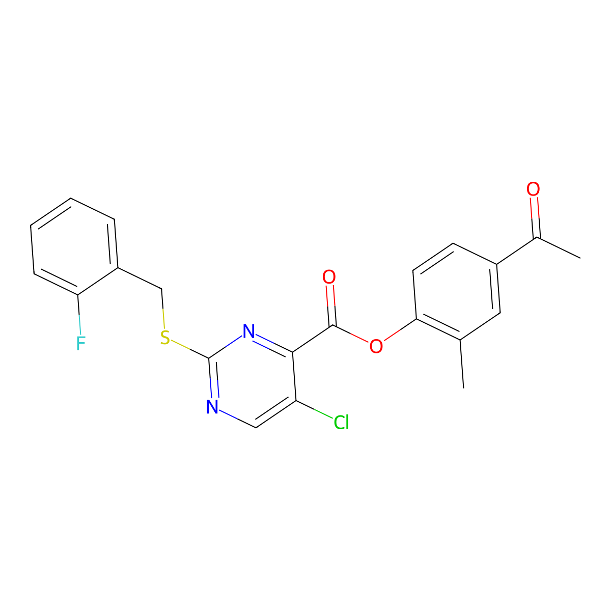 4-Pyrimidinecarboxylic acid, 5-chloro-2-[[(2-fluorophenyl)methyl]thio]-, 4-acetyl-2-methylphenyl ester molecular structure, CAS 1092333-31-7