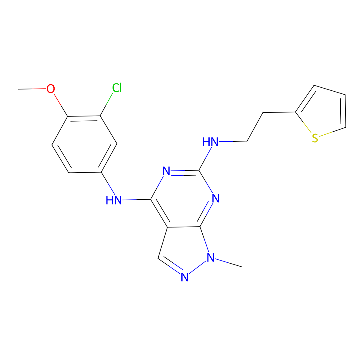 1H-Pyrazolo[3,4-d]pyrimidine-4,6-diamine, N4-(3-chloro-4-methoxyphenyl)-1-methyl-N6-[2-(2-thienyl)ethyl]- molecular structure, CAS 1092333-79-3