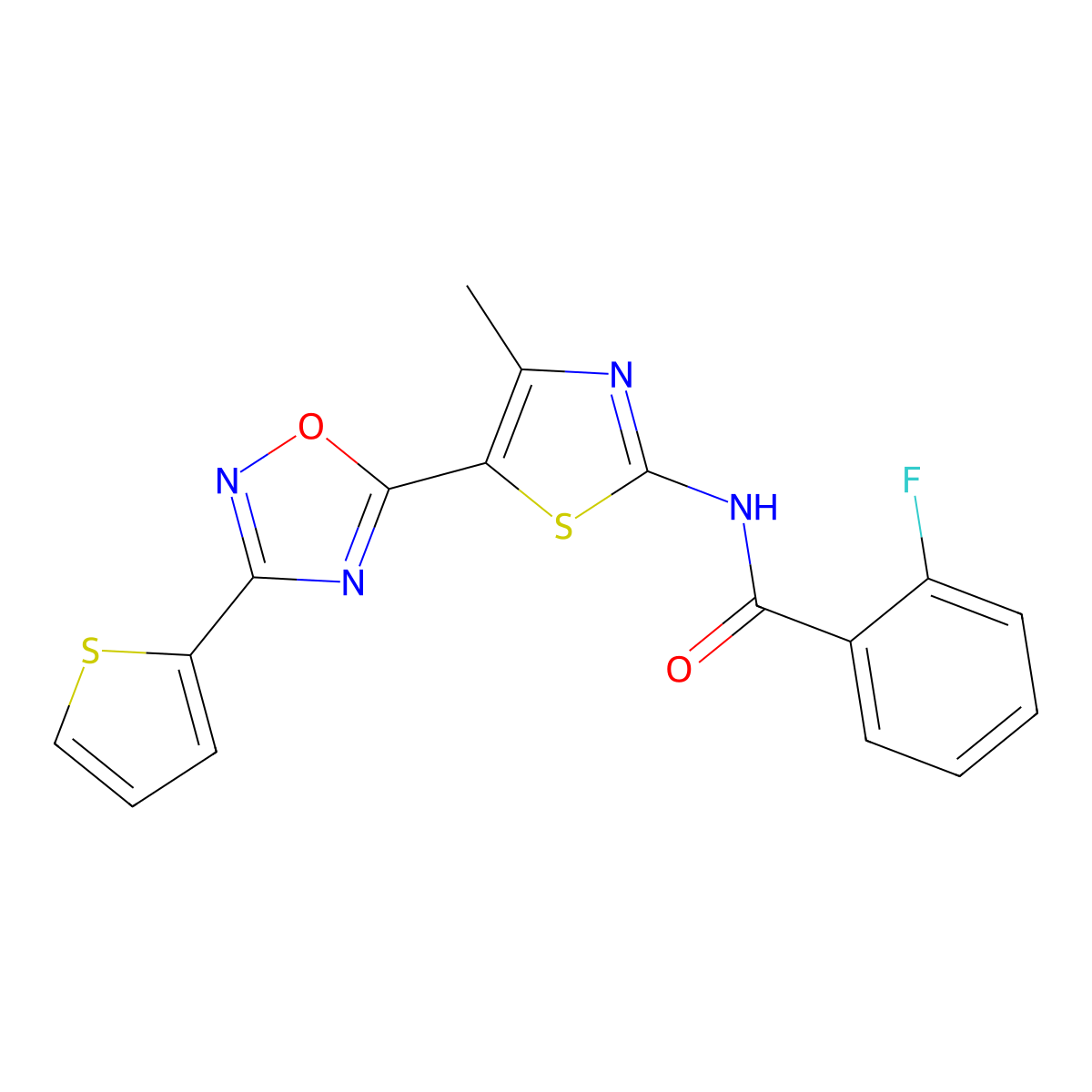 2-fluoro-N-[(2Z)-4-methyl-5-[3-(thiophen-2-yl)-1,2,4-oxadiazol-5-yl]-1,3-thiazol-2(3H)-ylidene]benzamide molecular structure, CAS 1092337-96-6