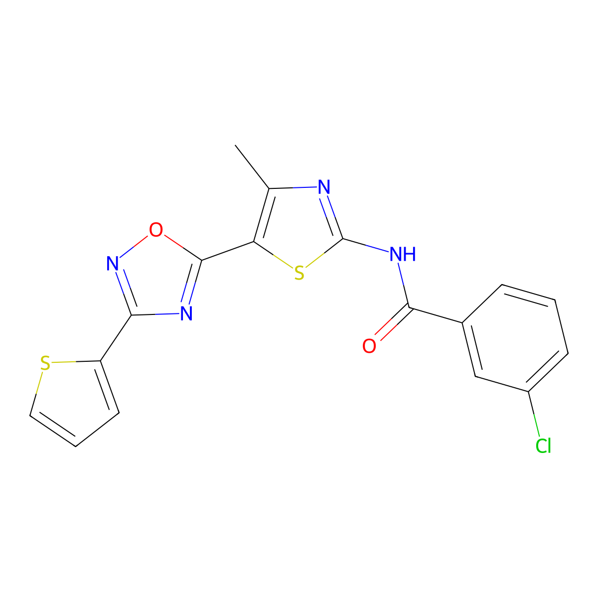 3-chloro-N-[(2Z)-4-methyl-5-[3-(thiophen-2-yl)-1,2,4-oxadiazol-5-yl]-1,3-thiazol-2(3H)-ylidene]benzamide molecular structure, CAS 1092337-98-8