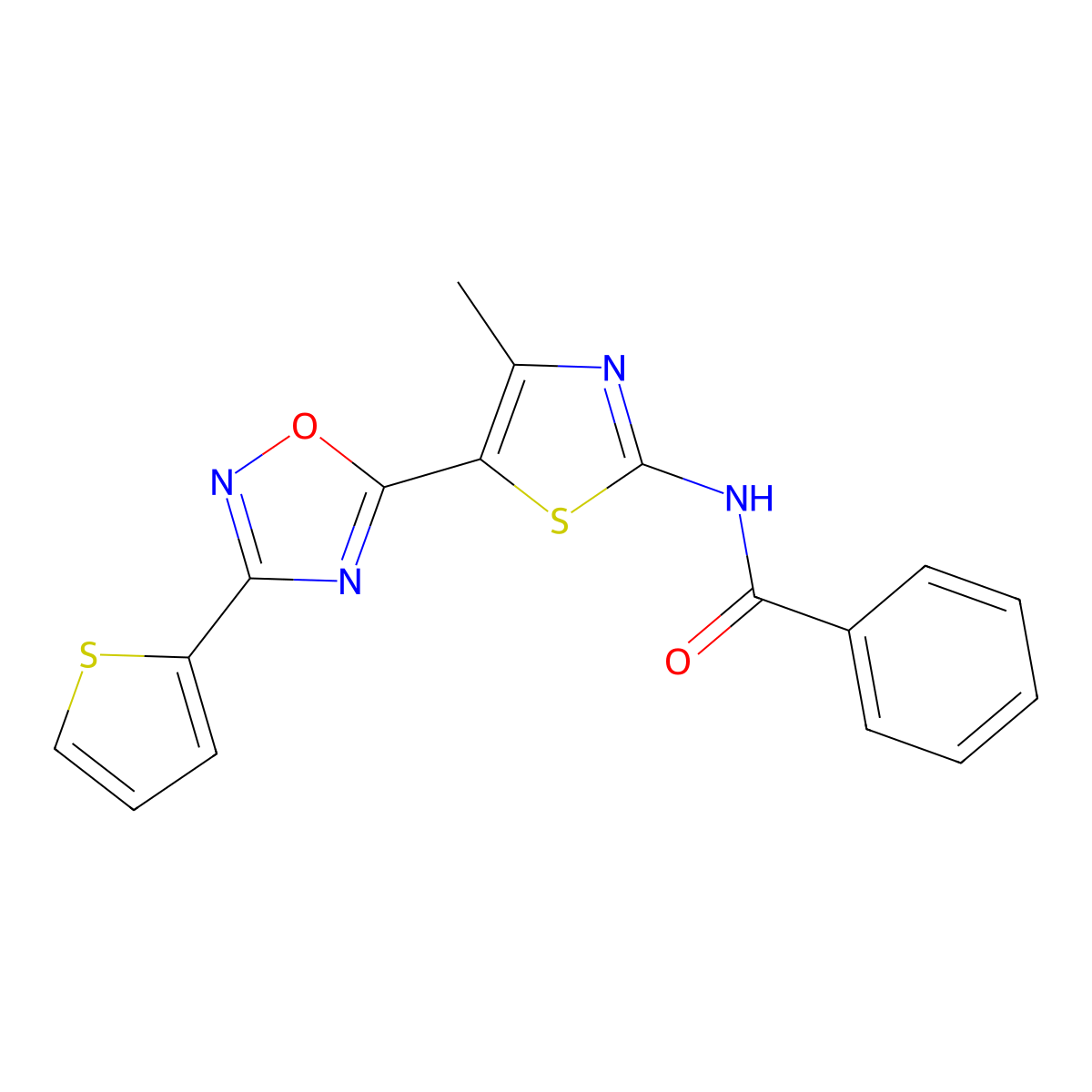 N-(4-methyl-5-(3-(thiophen-2-yl)-1,2,4-oxadiazol-5-yl)thiazol-2-yl)benzamide molecular structure, CAS 1092338-00-5