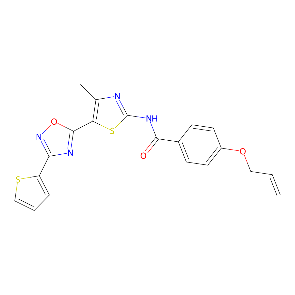 N-[(2Z)-4-methyl-5-[3-(thiophen-2-yl)-1,2,4-oxadiazol-5-yl]-1,3-thiazol-2(3H)-ylidene]-4-(prop-2-en-1-yloxy)benzamide molecular structure, CAS 1092338-02-7
