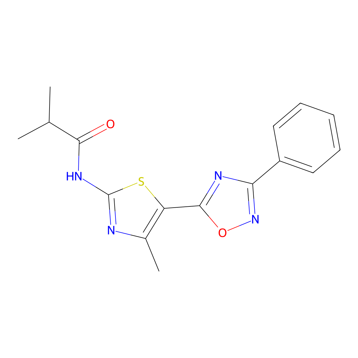 2-methyl-N-[(2E)-4-methyl-5-(3-phenyl-1,2,4-oxadiazol-5-yl)-1,3-thiazol-2(3H)-ylidene]propanamide molecular structure, CAS 1092338-10-7
