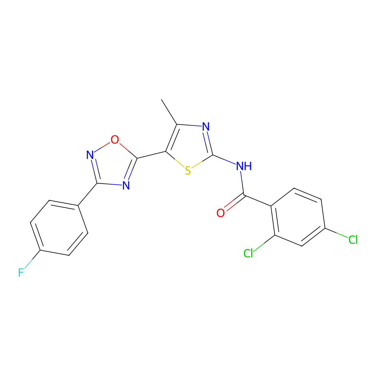 2,4-dichloro-N-[(2Z)-5-[3-(4-fluorophenyl)-1,2,4-oxadiazol-5-yl]-4-methyl-1,3-thiazol-2(3H)-ylidene]benzamide molecular structure, CAS 1092338-75-4