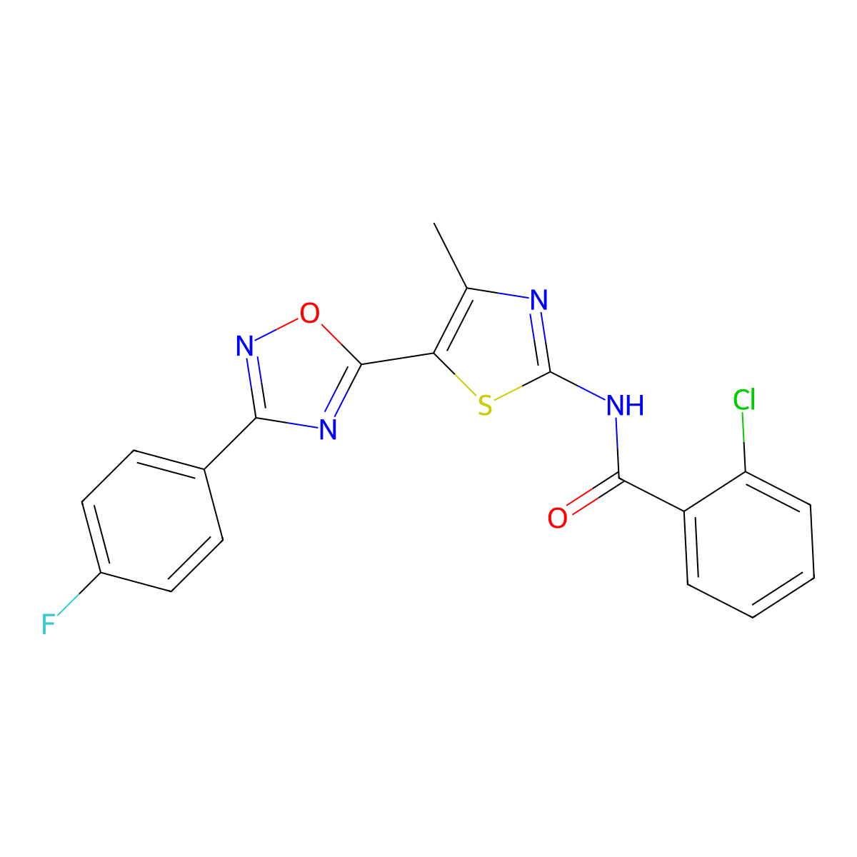 2-chloro-N-[(2Z)-5-[3-(4-fluorophenyl)-1,2,4-oxadiazol-5-yl]-4-methyl-1,3-thiazol-2(3H)-ylidene]benzamide molecular structure, CAS 1092338-81-2