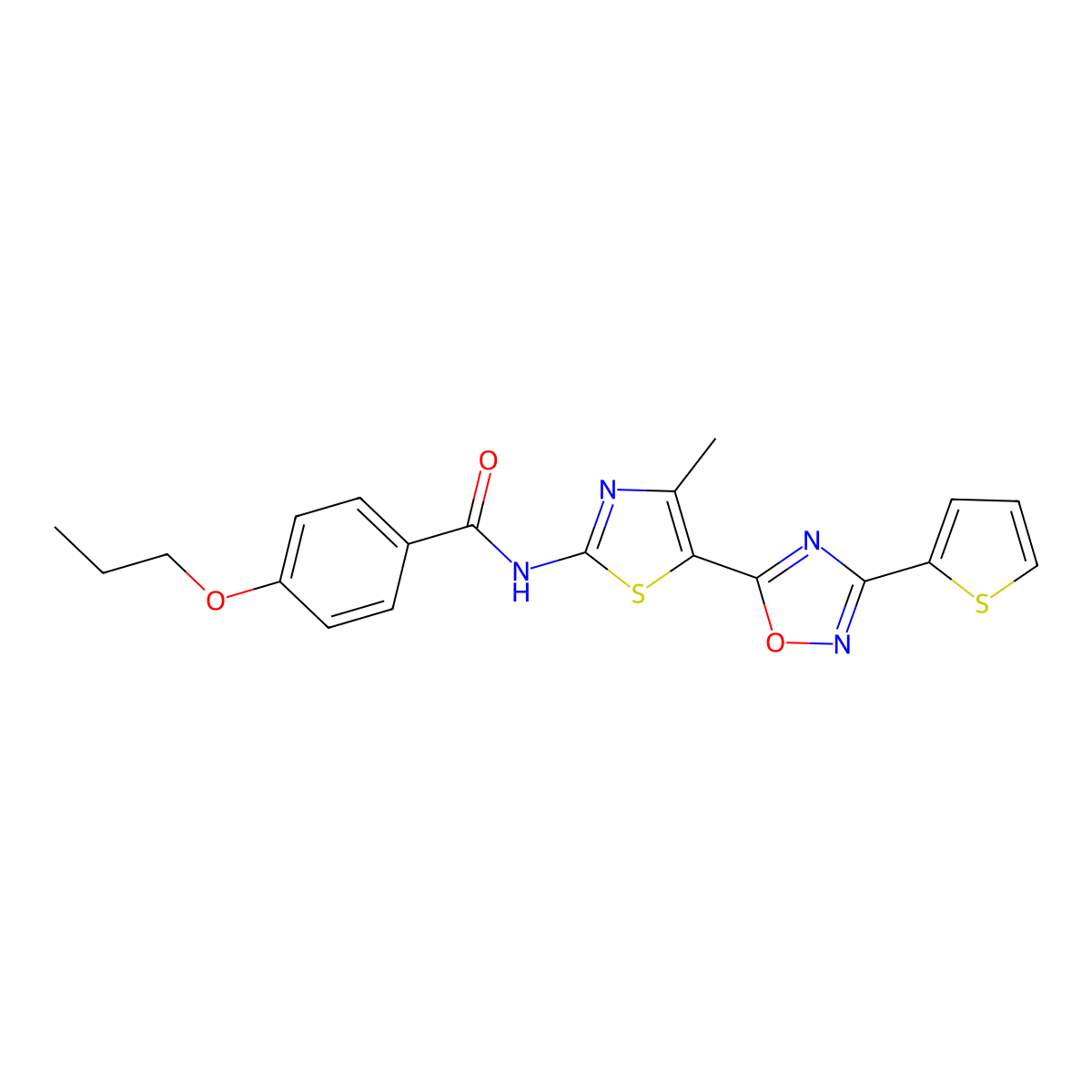 N-[(2Z)-4-methyl-5-[3-(thiophen-2-yl)-1,2,4-oxadiazol-5-yl]-1,3-thiazol-2(3H)-ylidene]-4-propoxybenzamide molecular structure, CAS 1092339-08-6