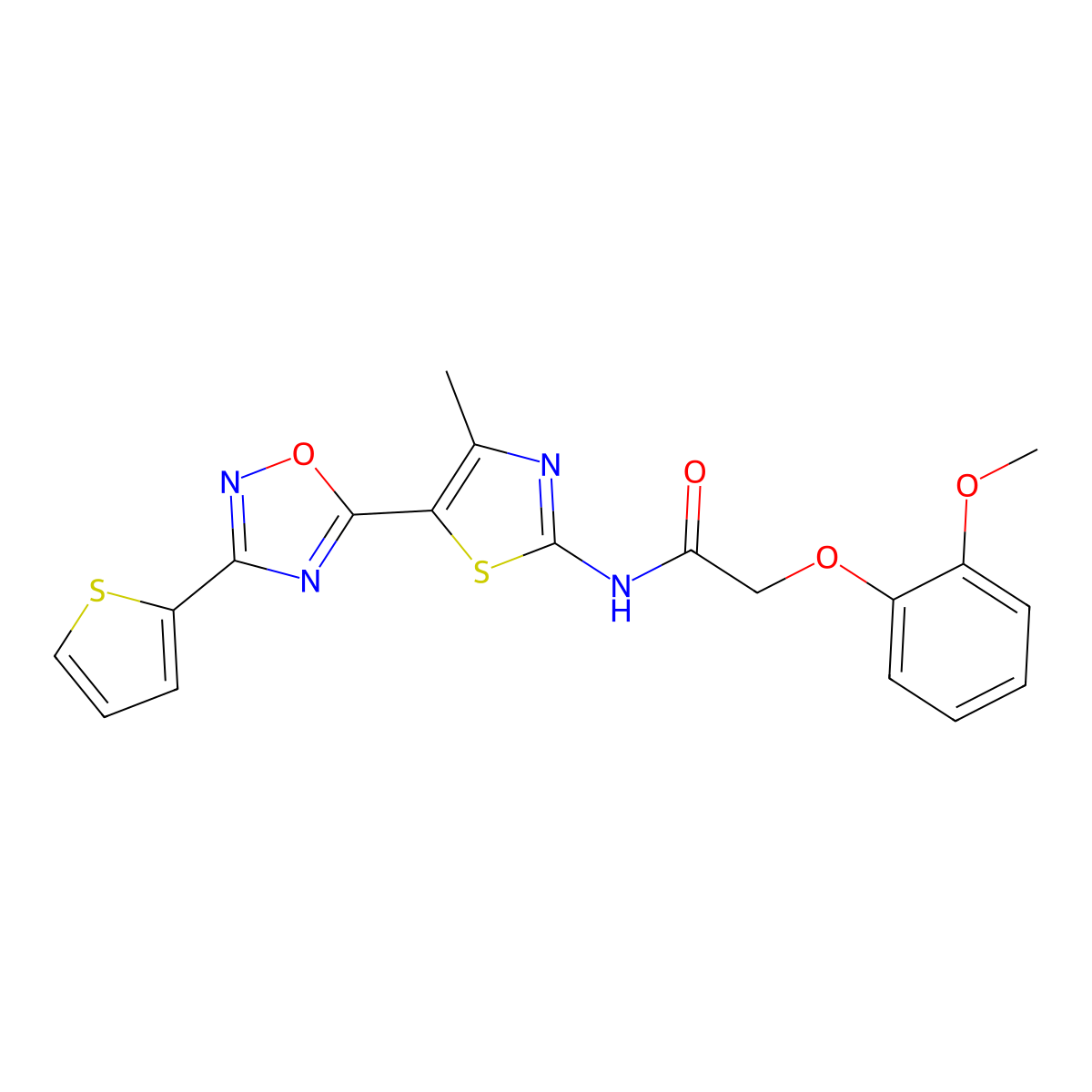 2-(2-methoxyphenoxy)-N-[(2Z)-4-methyl-5-[3-(thiophen-2-yl)-1,2,4-oxadiazol-5-yl]-1,3-thiazol-2(3H)-ylidene]acetamide molecular structure, CAS 1092339-11-1