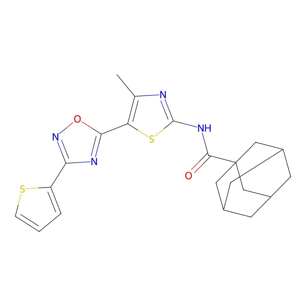 N-{4-methyl-5-[3-(2-thienyl)-1,2,4-oxadiazol-5-yl]-1,3-thiazol-2-yl}-1-adamantanecarboxamide molecular structure, CAS 1092339-14-4