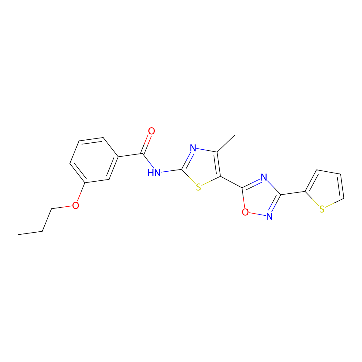 N-[(2Z)-4-methyl-5-[3-(thiophen-2-yl)-1,2,4-oxadiazol-5-yl]-1,3-thiazol-2(3H)-ylidene]-3-propoxybenzamide molecular structure, CAS 1092339-17-7