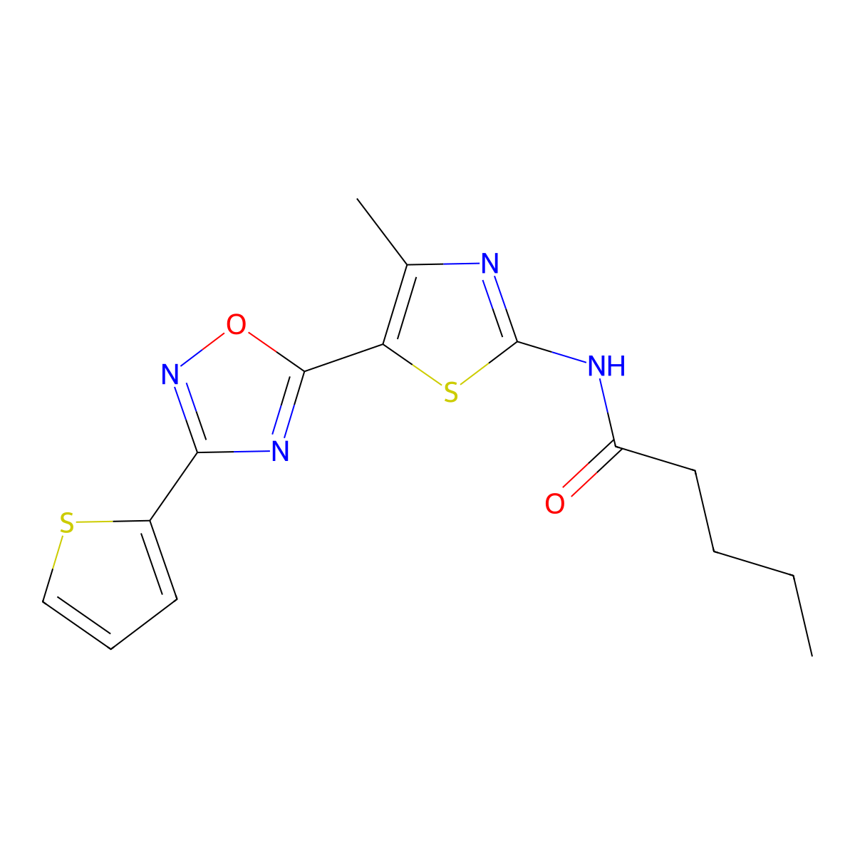 N-[(2Z)-4-methyl-5-[3-(thiophen-2-yl)-1,2,4-oxadiazol-5-yl]-1,3-thiazol-2(3H)-ylidene]pentanamide molecular structure, CAS 1092339-23-5