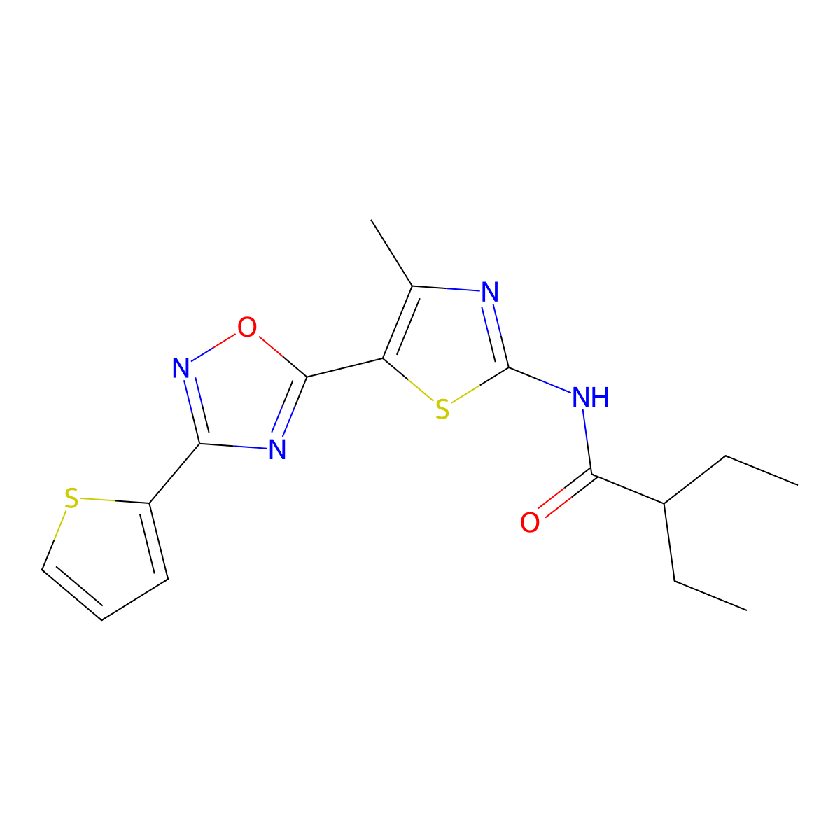 2-ethyl-N-[(2Z)-4-methyl-5-[3-(thiophen-2-yl)-1,2,4-oxadiazol-5-yl]-1,3-thiazol-2(3H)-ylidene]butanamide molecular structure, CAS 1092339-26-8